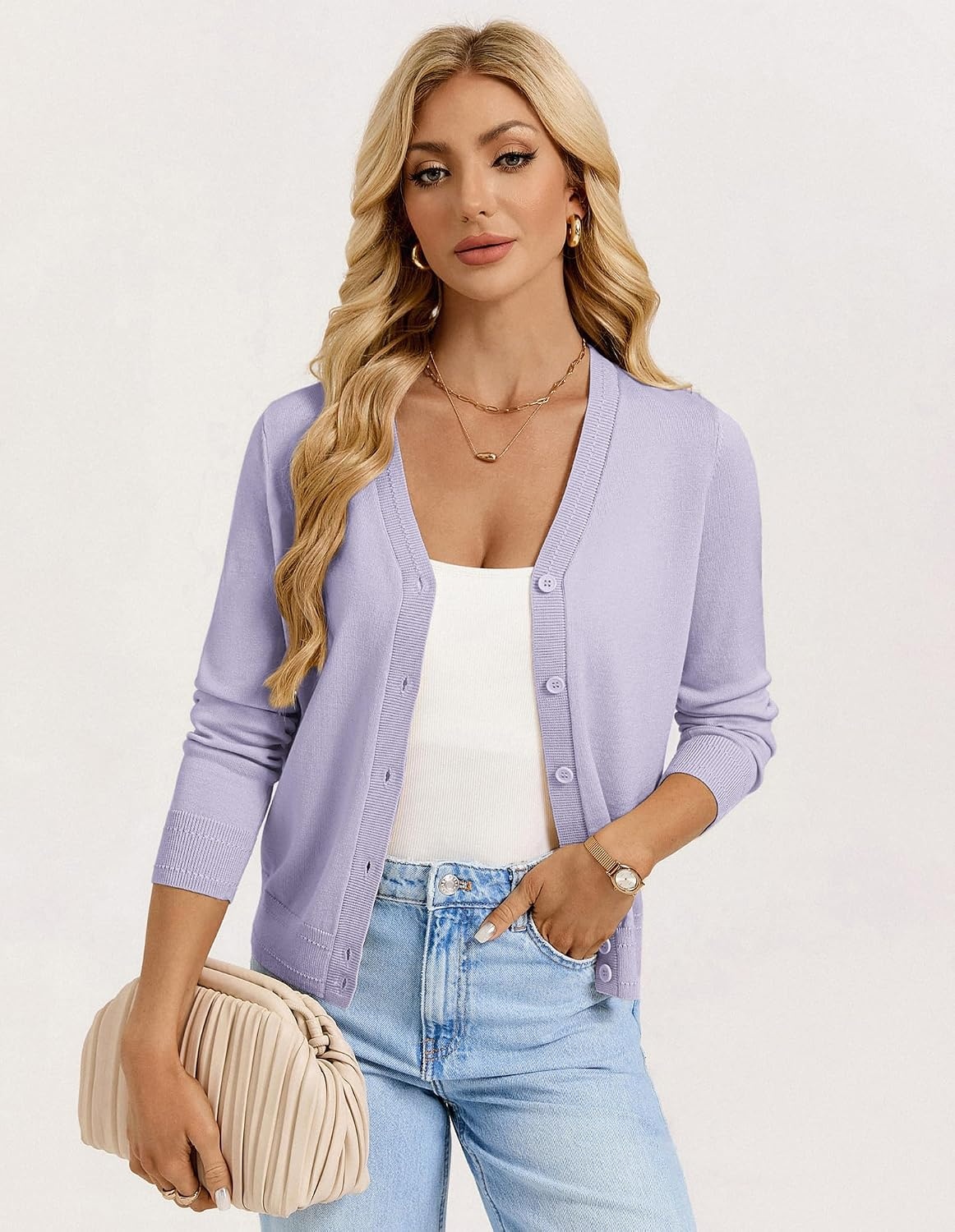image:imageGRACE KARIN Womens Lightweight Cardigan Sweaters Trendy Button Up VNeck Knit Cardigans Shrug Summer Fashion ClothesLight Purple