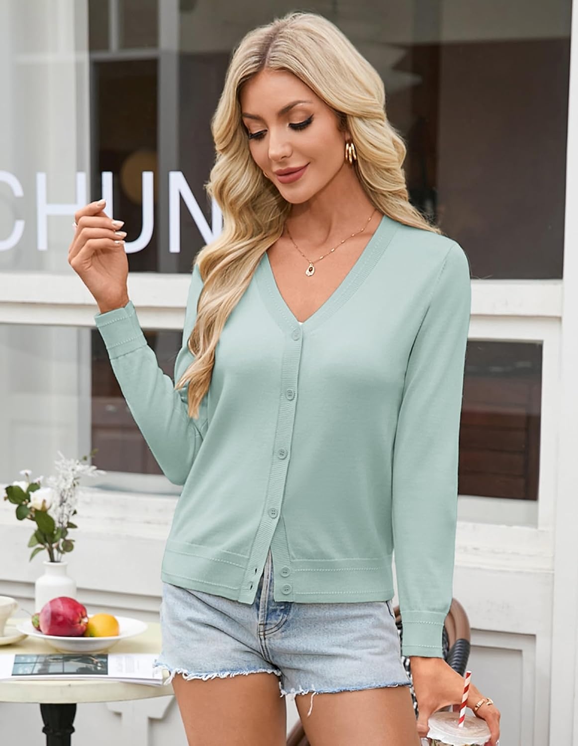 image:imageGRACE KARIN Womens Lightweight Cardigan Sweaters Trendy Button Up VNeck Knit Cardigans Shrug Summer Fashion ClothesMint Blue