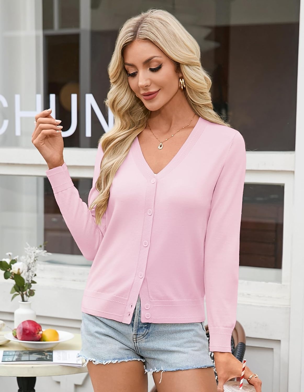 image:imageGRACE KARIN Womens Lightweight Cardigan Sweaters Trendy Button Up VNeck Knit Cardigans Shrug Summer Fashion ClothesPink