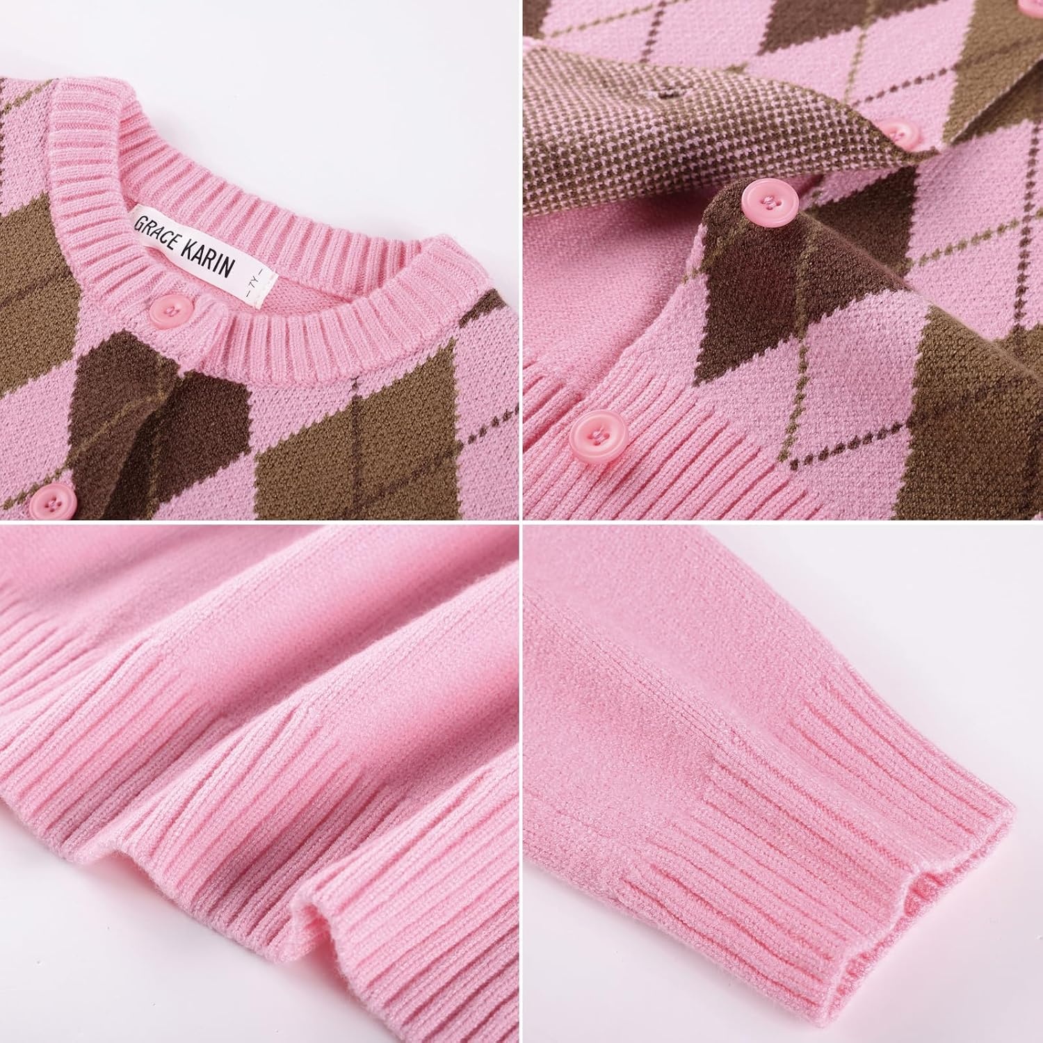 image:imageGRACE KARIN Girls Cardigan Sweater Button Argyle Knit School Uniform 614Y Long Sleeve Crew Neck Ribbed Knitted Cardigan Soft Stretch Fabric for Casual School Daily Preppy Classic Kids Children YouthPink