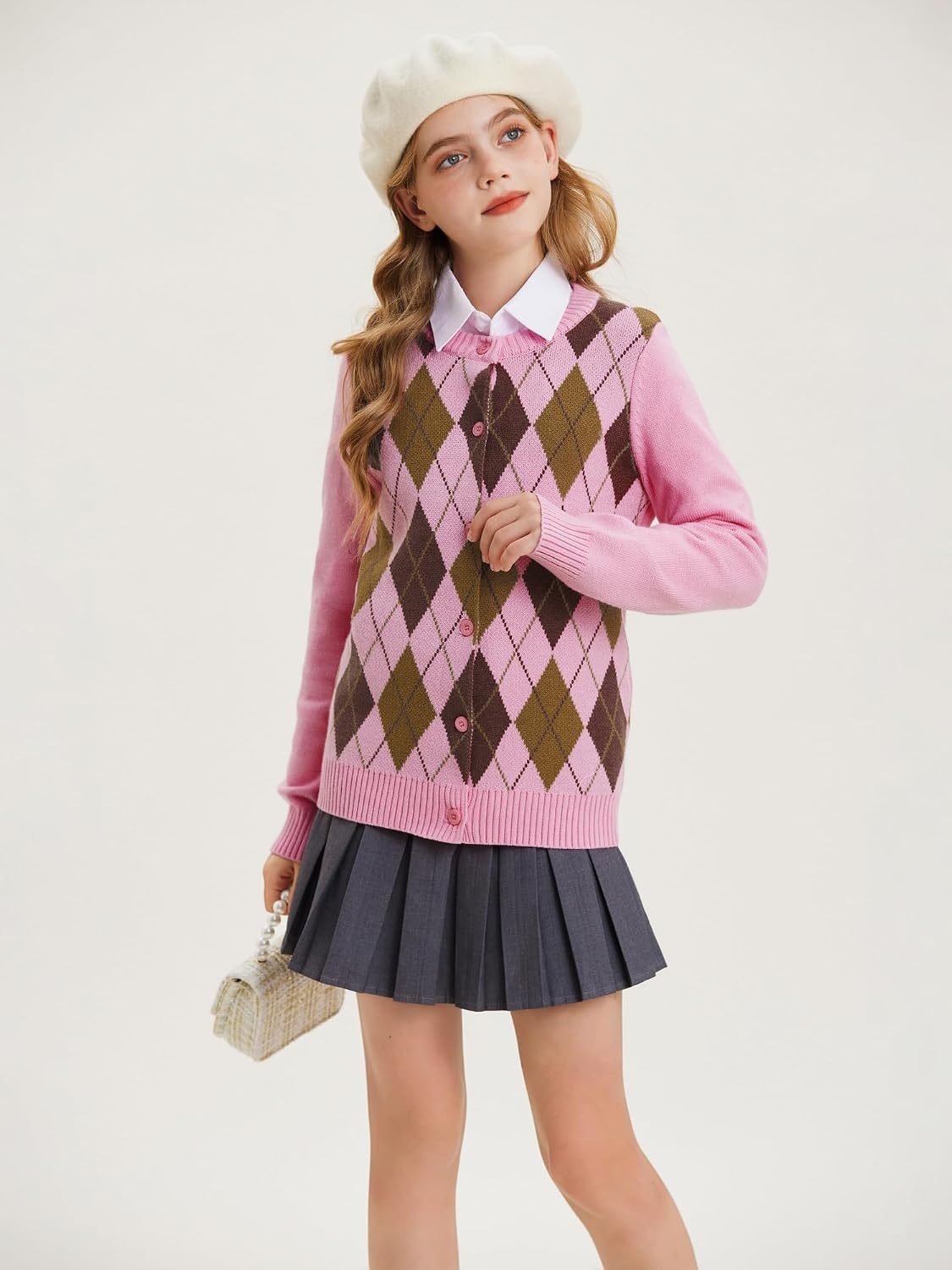 image:imageGRACE KARIN Girls Cardigan Sweater Button Argyle Knit School Uniform 614Y Long Sleeve Crew Neck Ribbed Knitted Cardigan Soft Stretch Fabric for Casual School Daily Preppy Classic Kids Children YouthPink