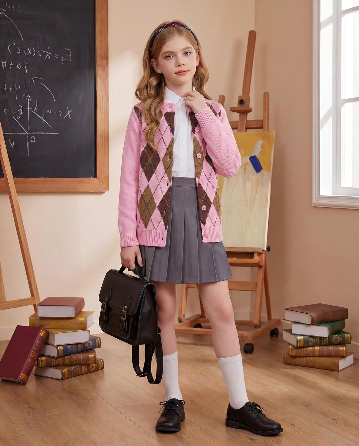 image:imageGRACE KARIN Girls Cardigan Sweater Button Argyle Knit School Uniform 614Y Long Sleeve Crew Neck Ribbed Knitted Cardigan Soft Stretch Fabric for Casual School Daily Preppy Classic Kids Children YouthPink