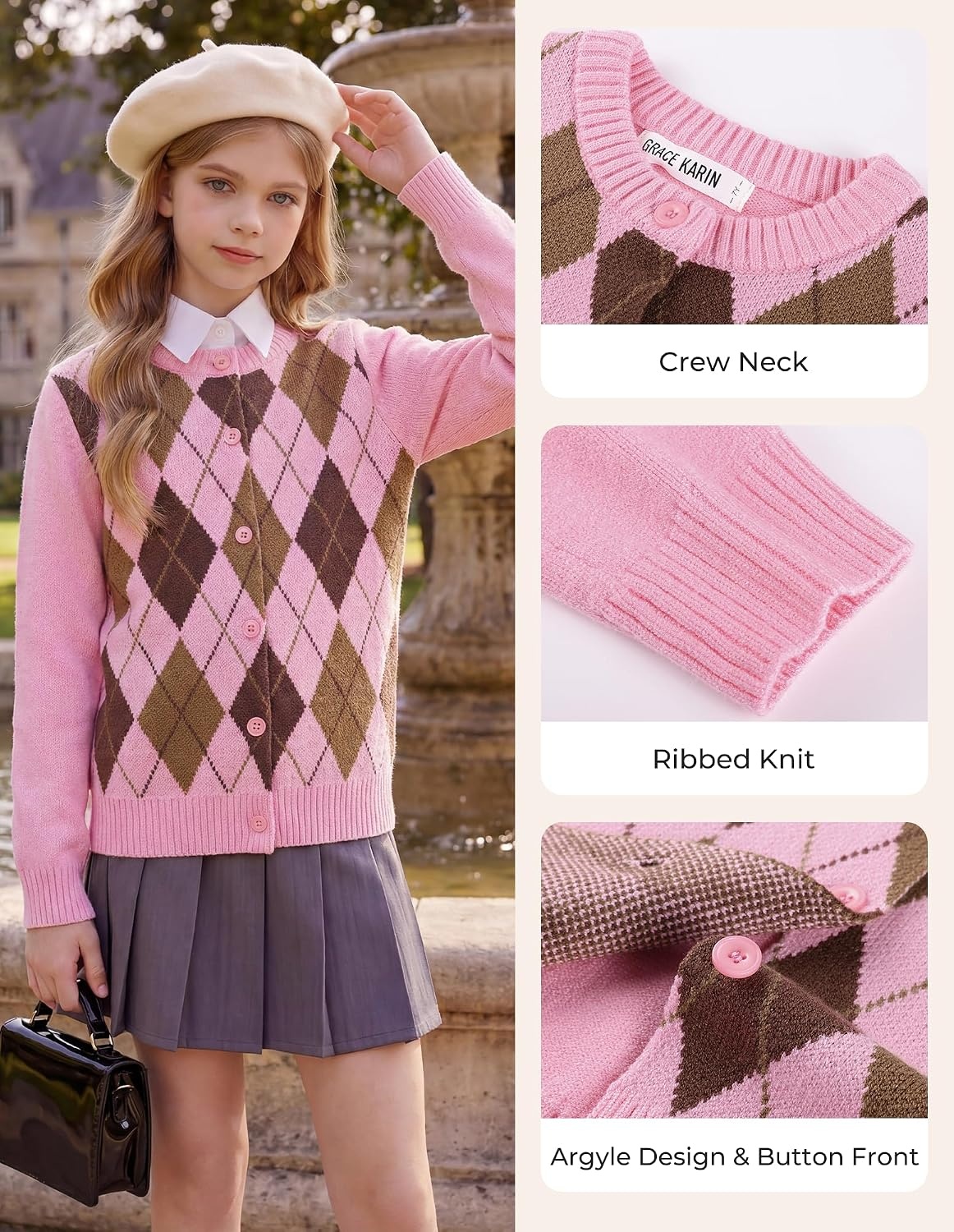 image:imageGRACE KARIN Girls Cardigan Sweater Button Argyle Knit School Uniform 614Y Long Sleeve Crew Neck Ribbed Knitted Cardigan Soft Stretch Fabric for Casual School Daily Preppy Classic Kids Children YouthPink