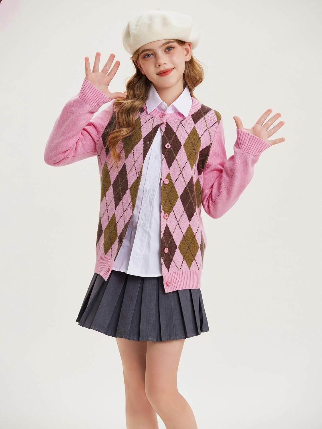 image:imageGRACE KARIN Girls Cardigan Sweater Button Argyle Knit School Uniform 614Y Long Sleeve Crew Neck Ribbed Knitted Cardigan Soft Stretch Fabric for Casual School Daily Preppy Classic Kids Children YouthPink