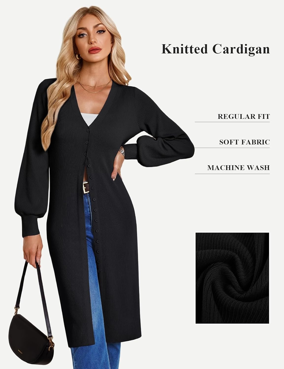image:imageGRACE KARIN Long Cardigan Sweaters for Women V Neck Button Up Sweater Maxi DressBlack