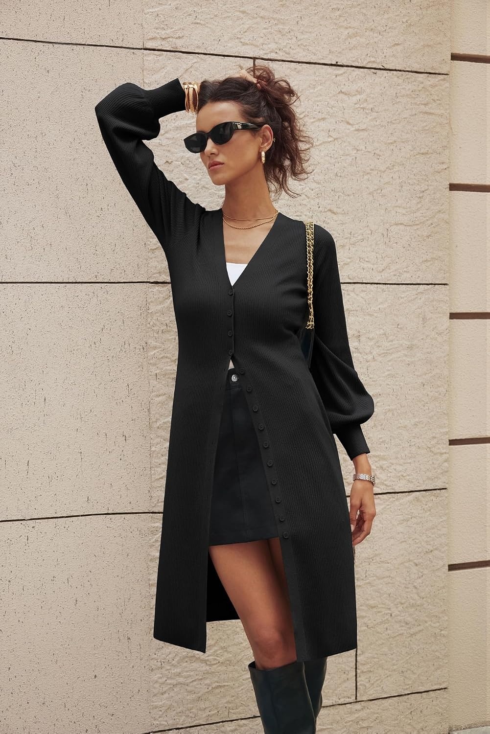 image:imageGRACE KARIN Long Cardigan Sweaters for Women V Neck Button Up Sweater Maxi DressBlack