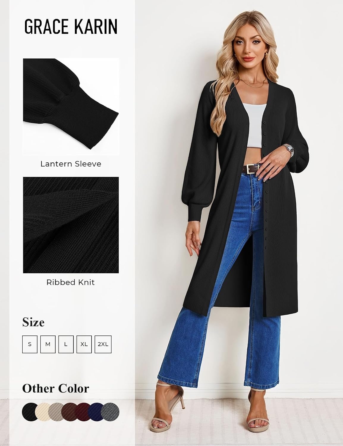 image:imageGRACE KARIN Long Cardigan Sweaters for Women V Neck Button Up Sweater Maxi DressBlack