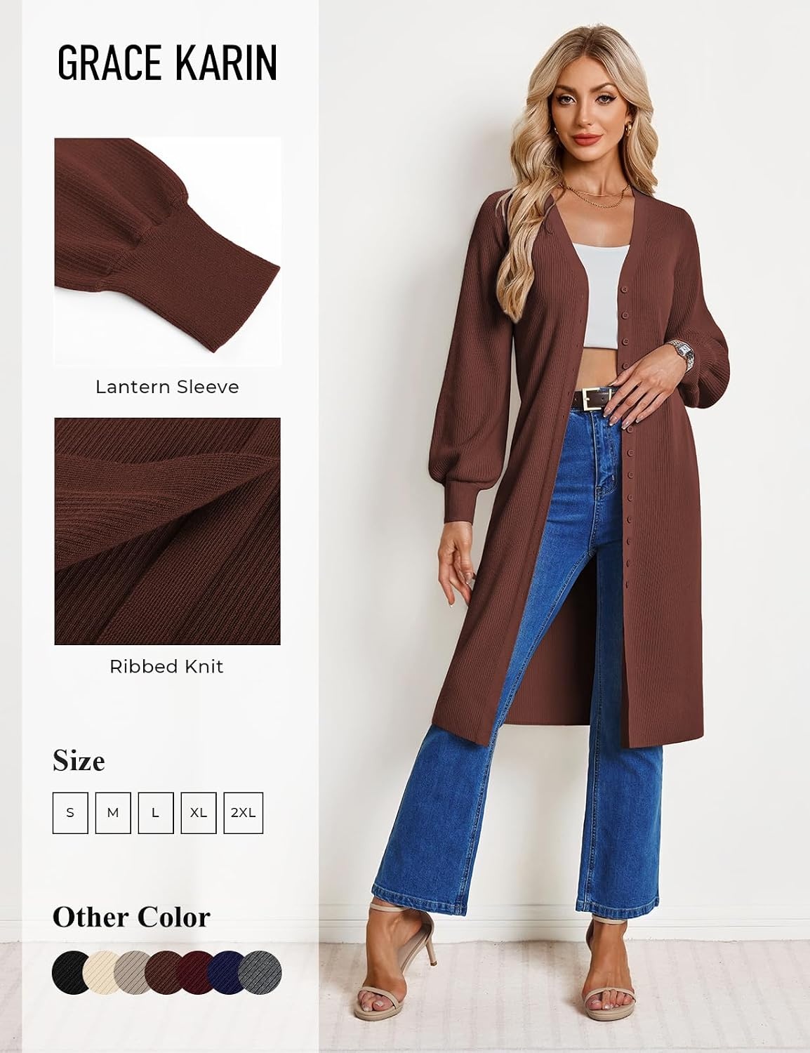 image:imageGRACE KARIN Long Cardigan Sweaters for Women V Neck Button Up Sweater Maxi DressBrown