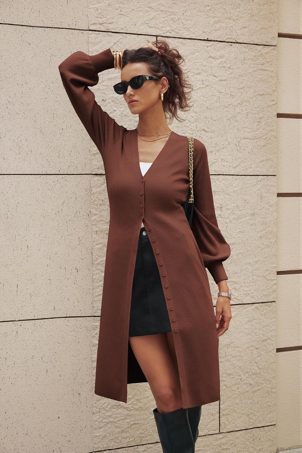image:imageGRACE KARIN Long Cardigan Sweaters for Women V Neck Button Up Sweater Maxi DressBrown