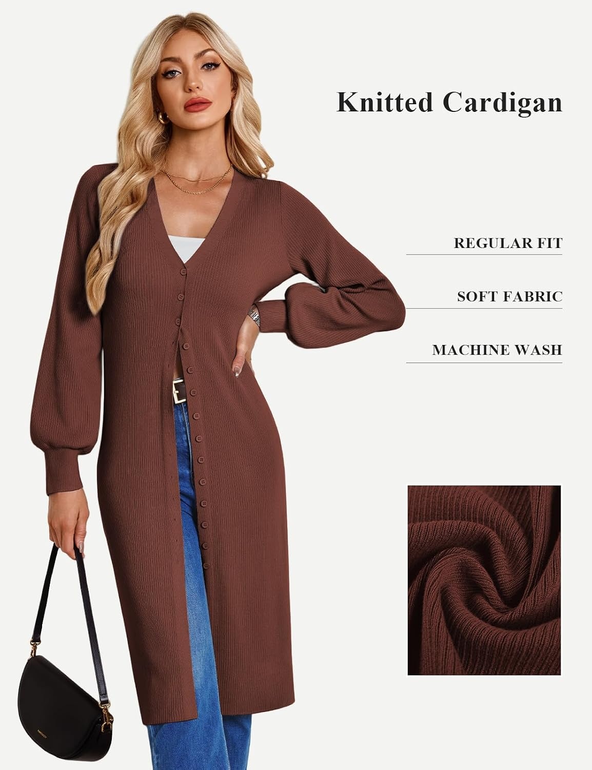 image:imageGRACE KARIN Long Cardigan Sweaters for Women V Neck Button Up Sweater Maxi DressBrown