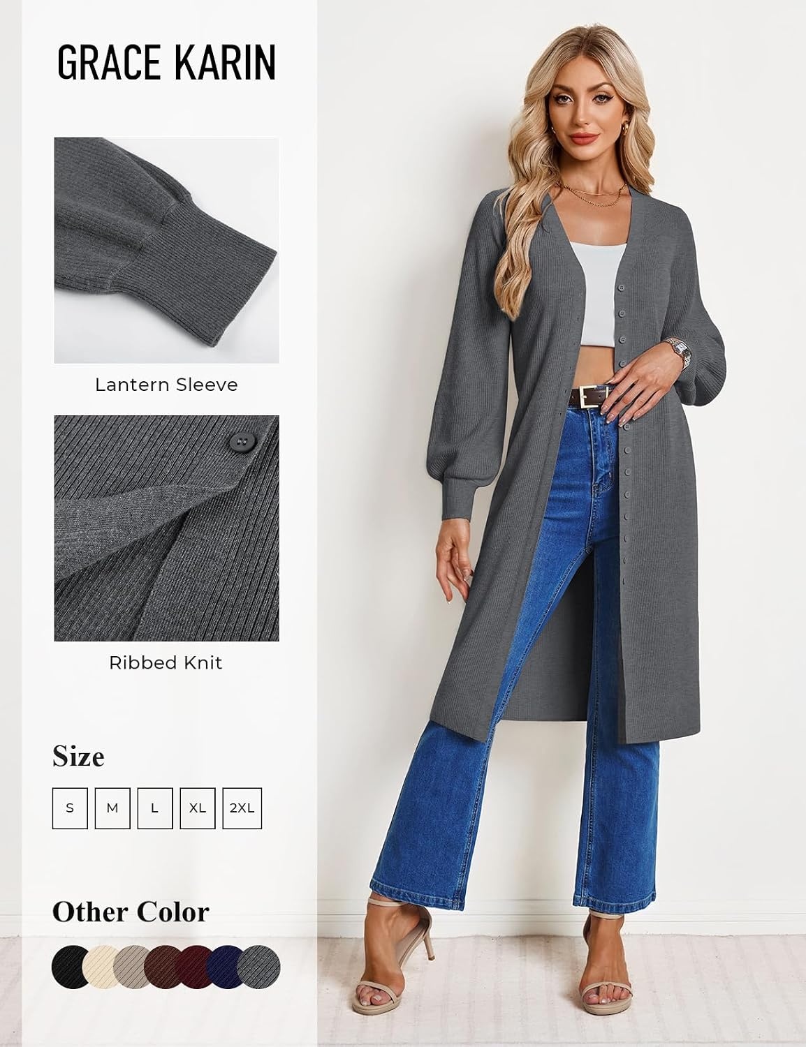 image:imageGRACE KARIN Long Cardigan Sweaters for Women V Neck Button Up Sweater Maxi DressDark Gray
