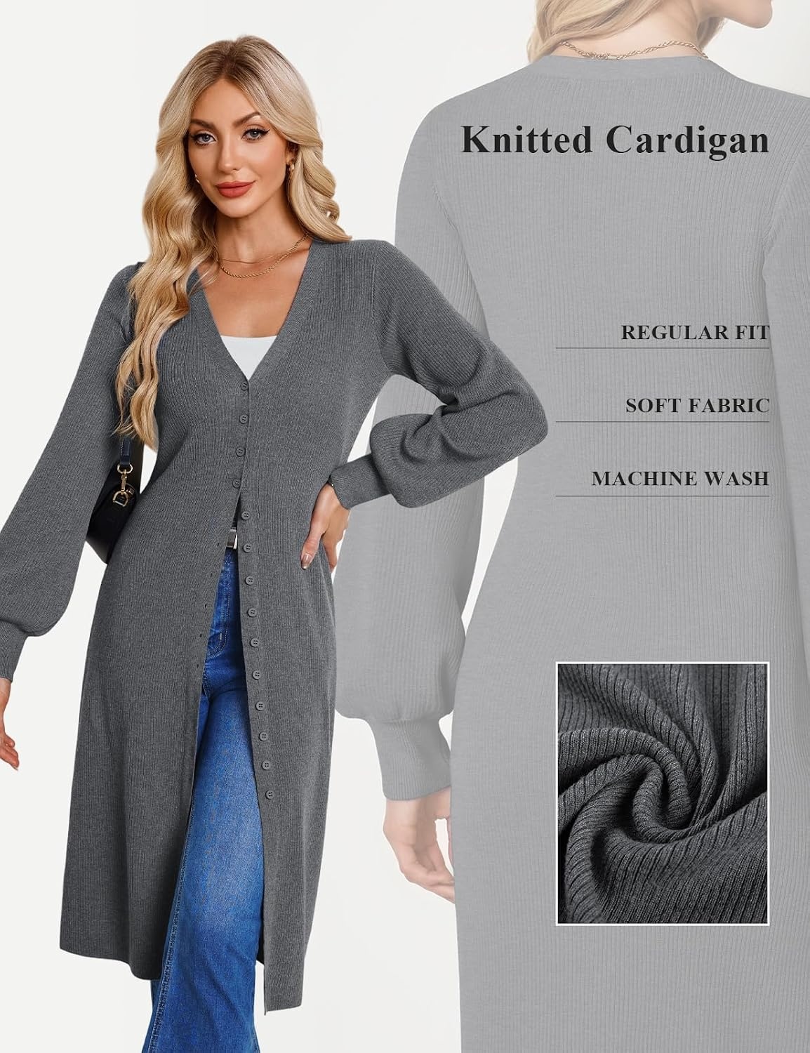 image:imageGRACE KARIN Long Cardigan Sweaters for Women V Neck Button Up Sweater Maxi DressDark Gray