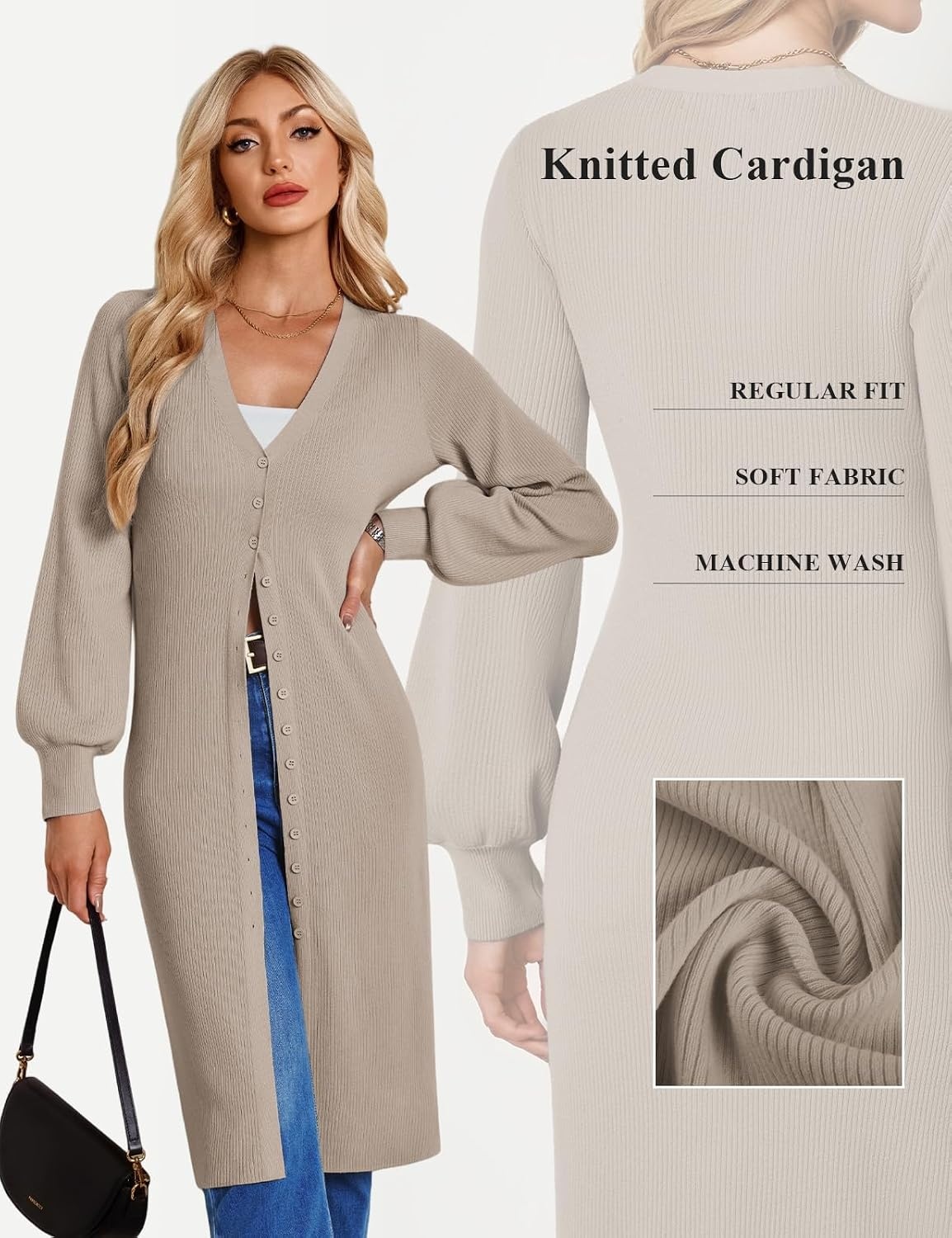image:imageGRACE KARIN Long Cardigan Sweaters for Women V Neck Button Up Sweater Maxi DressLight Camel