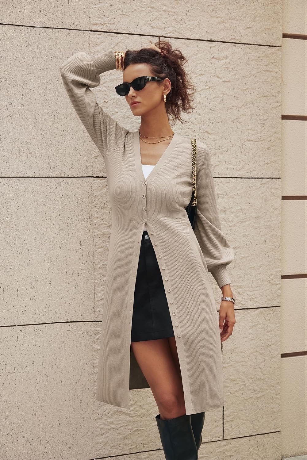 image:imageGRACE KARIN Long Cardigan Sweaters for Women V Neck Button Up Sweater Maxi DressLight Camel