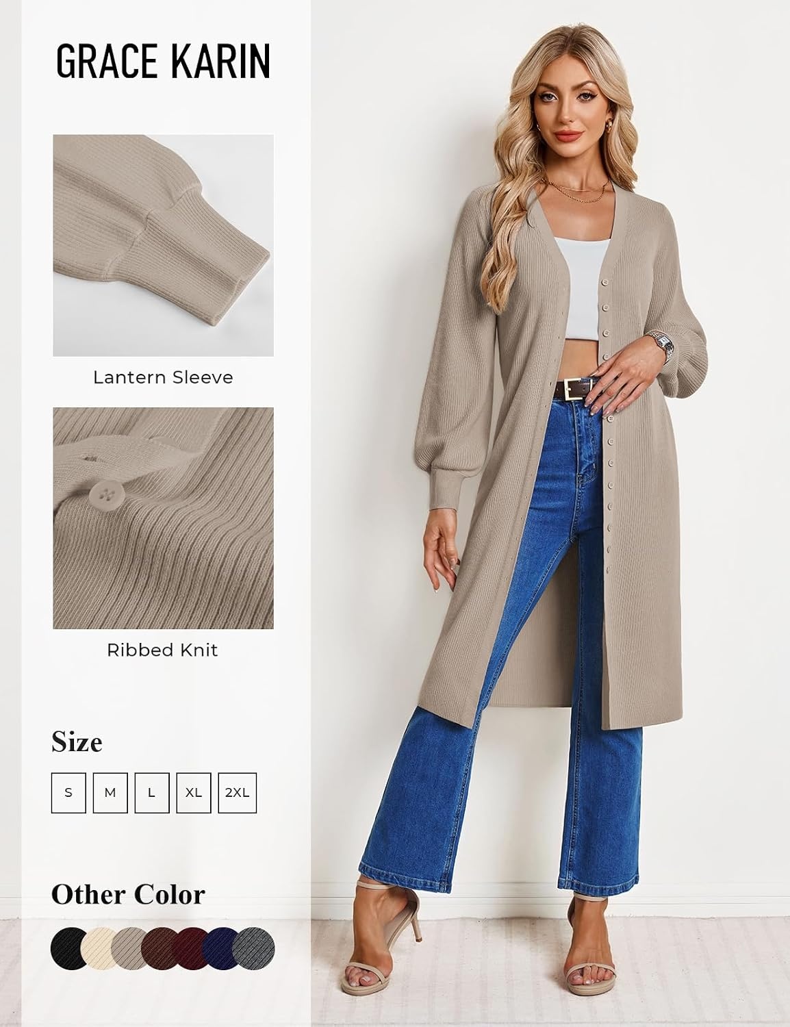 image:imageGRACE KARIN Long Cardigan Sweaters for Women V Neck Button Up Sweater Maxi DressLight Camel