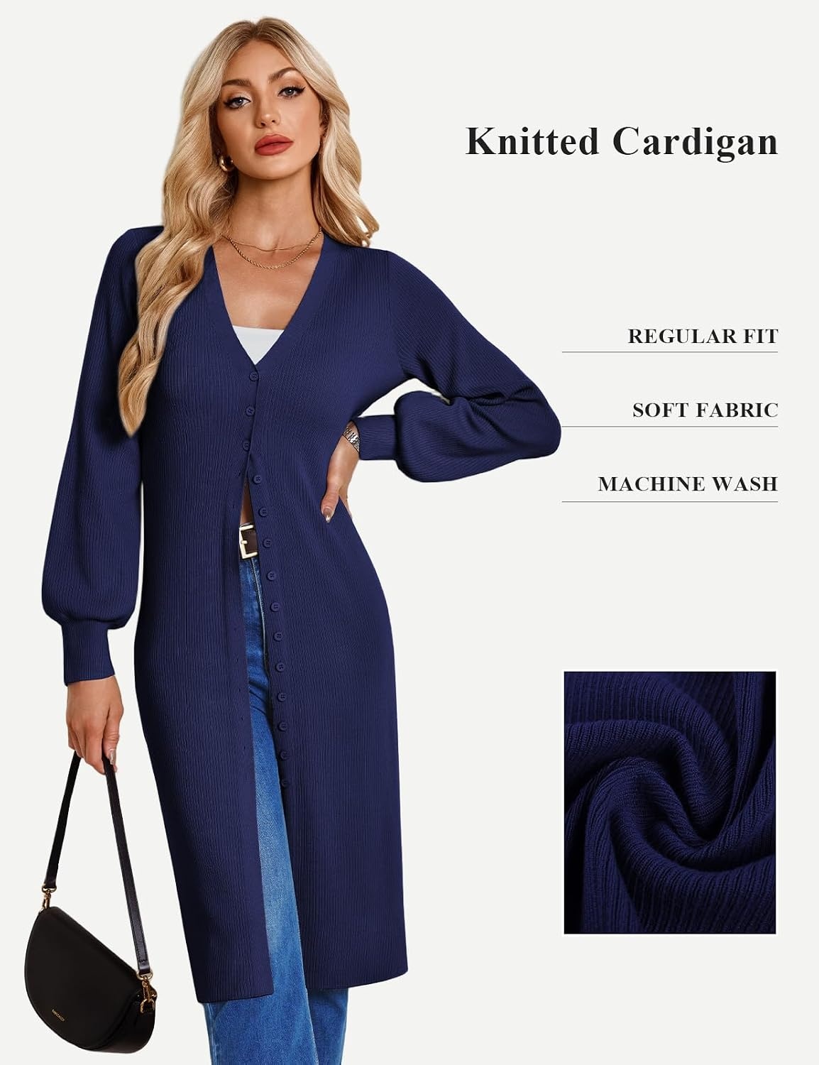 image:imageGRACE KARIN Long Cardigan Sweaters for Women V Neck Button Up Sweater Maxi DressNavy Blue