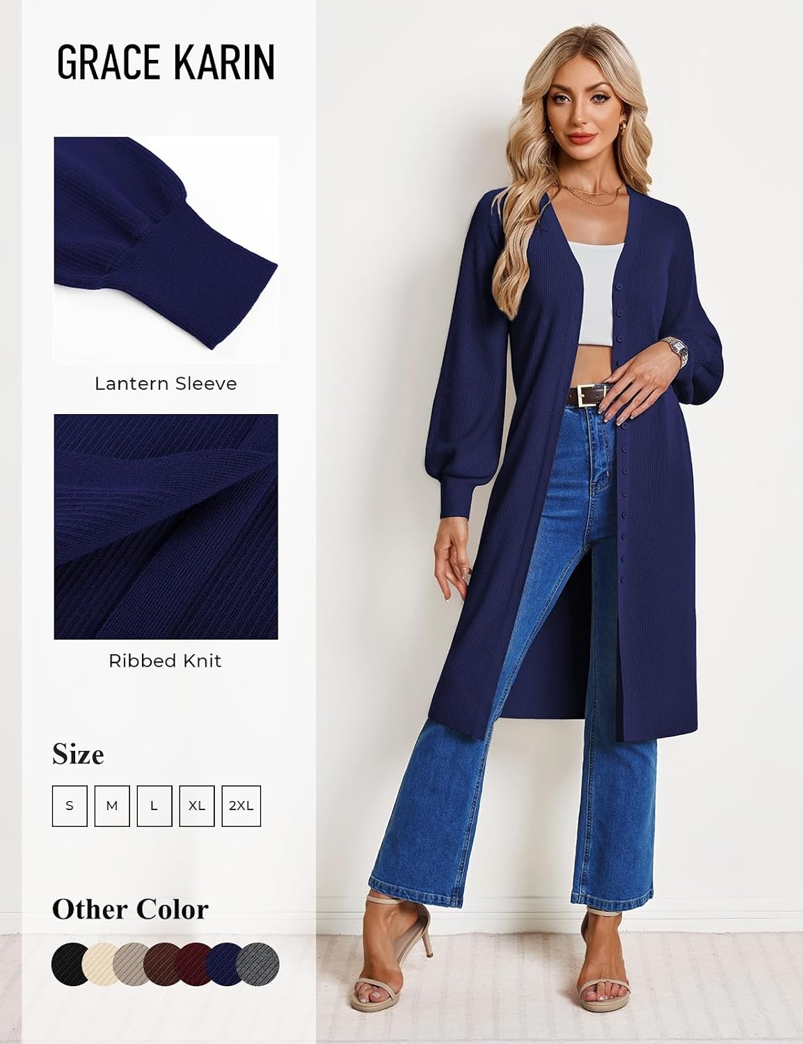 image:imageGRACE KARIN Long Cardigan Sweaters for Women V Neck Button Up Sweater Maxi DressNavy Blue