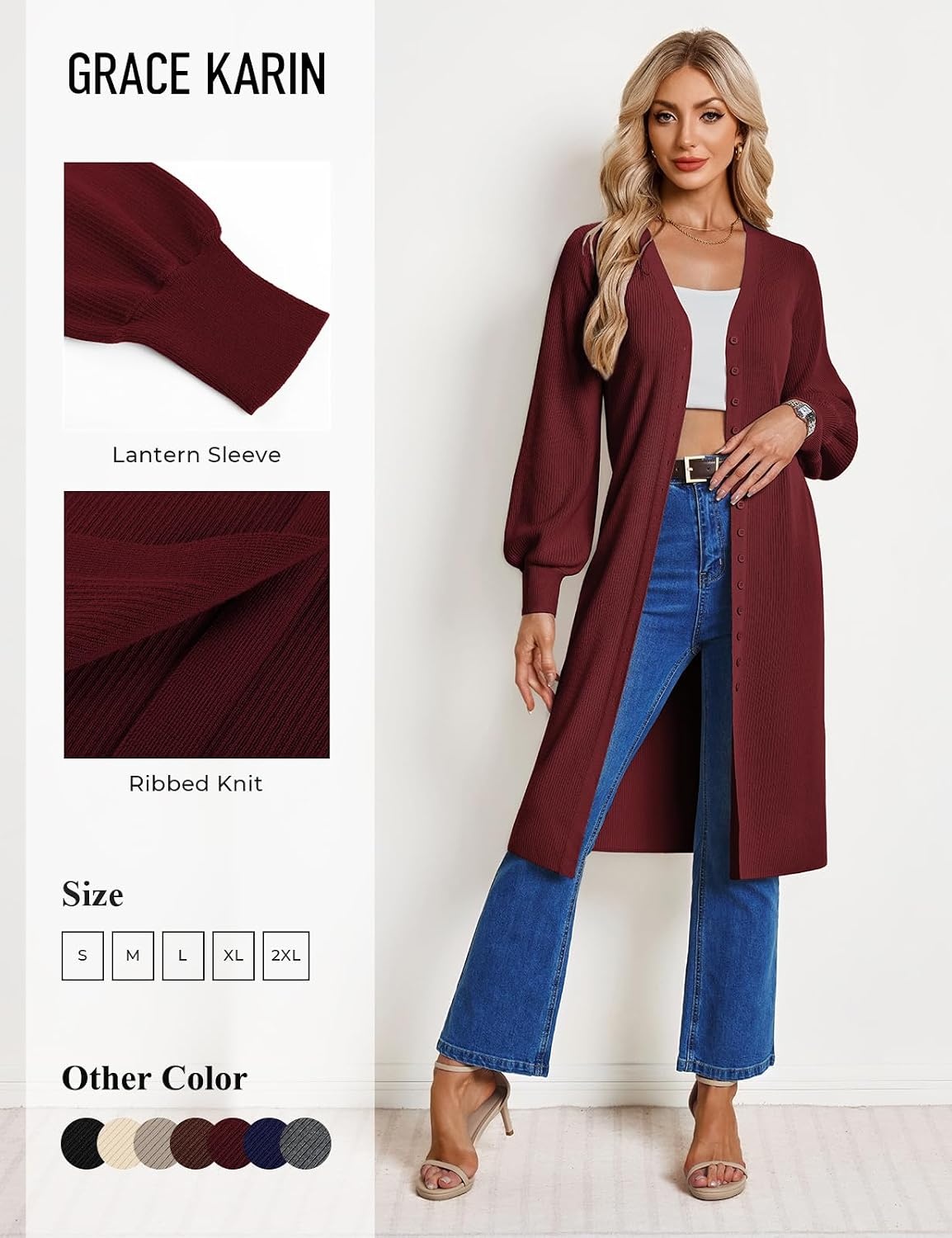 image:imageGRACE KARIN Long Cardigan Sweaters for Women V Neck Button Up Sweater Maxi DressWine Red