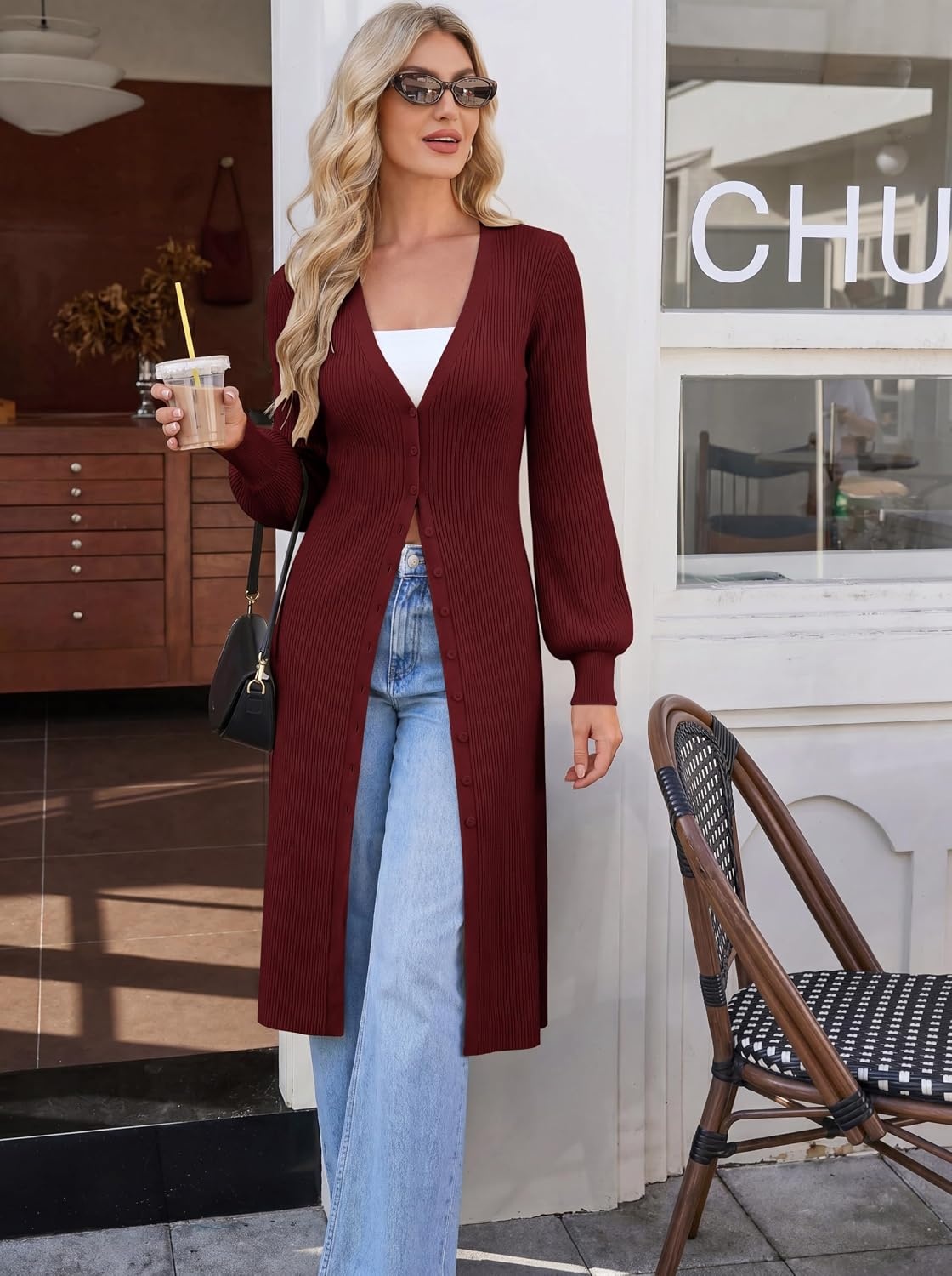 image:imageGRACE KARIN Long Cardigan Sweaters for Women V Neck Button Up Sweater Maxi DressWine Red