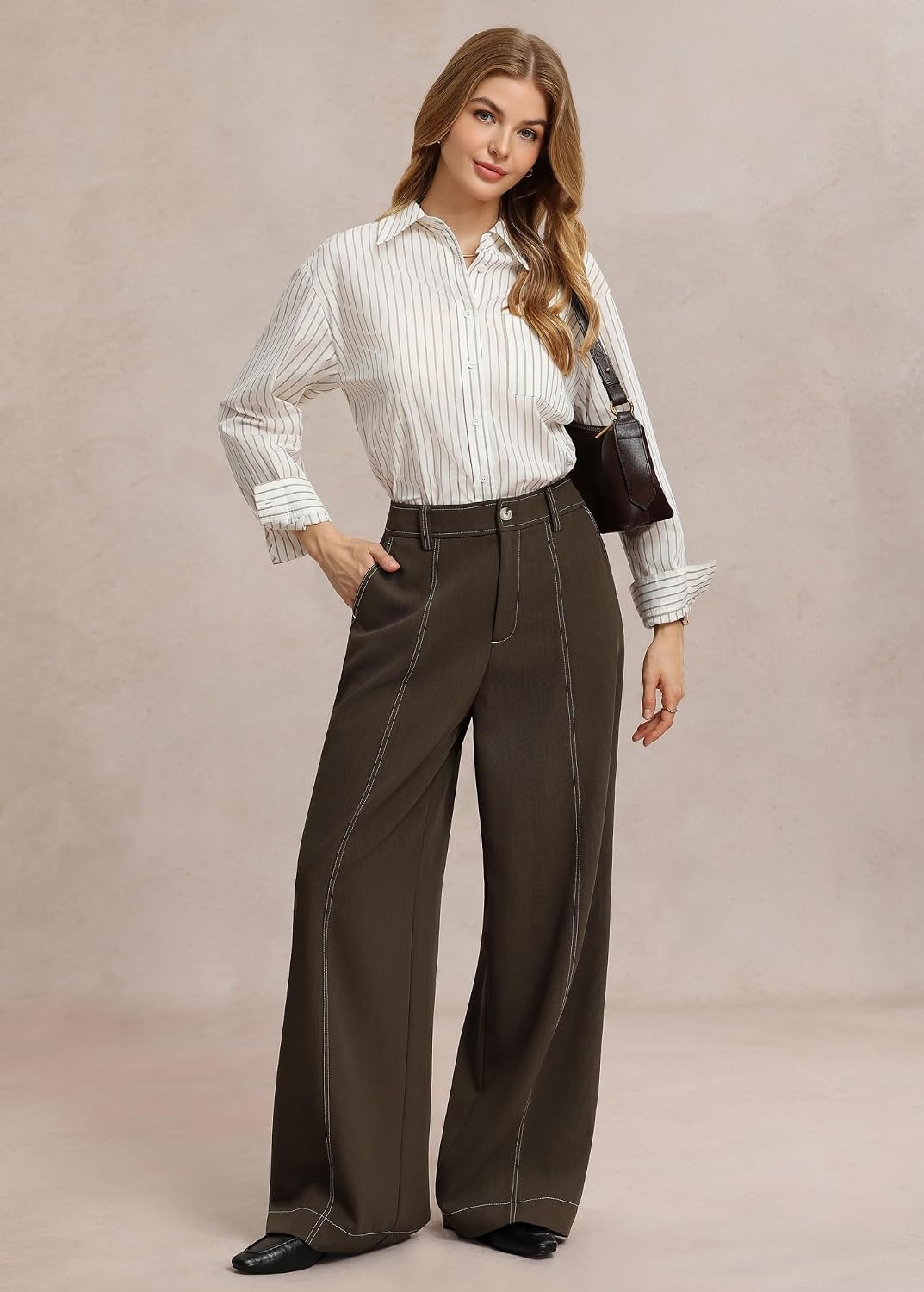 image:imageGRACE KARIN Wide Leg Pants for Women High Waist Dress Trousers Fall Winter Business Office Casual WearDark Brown