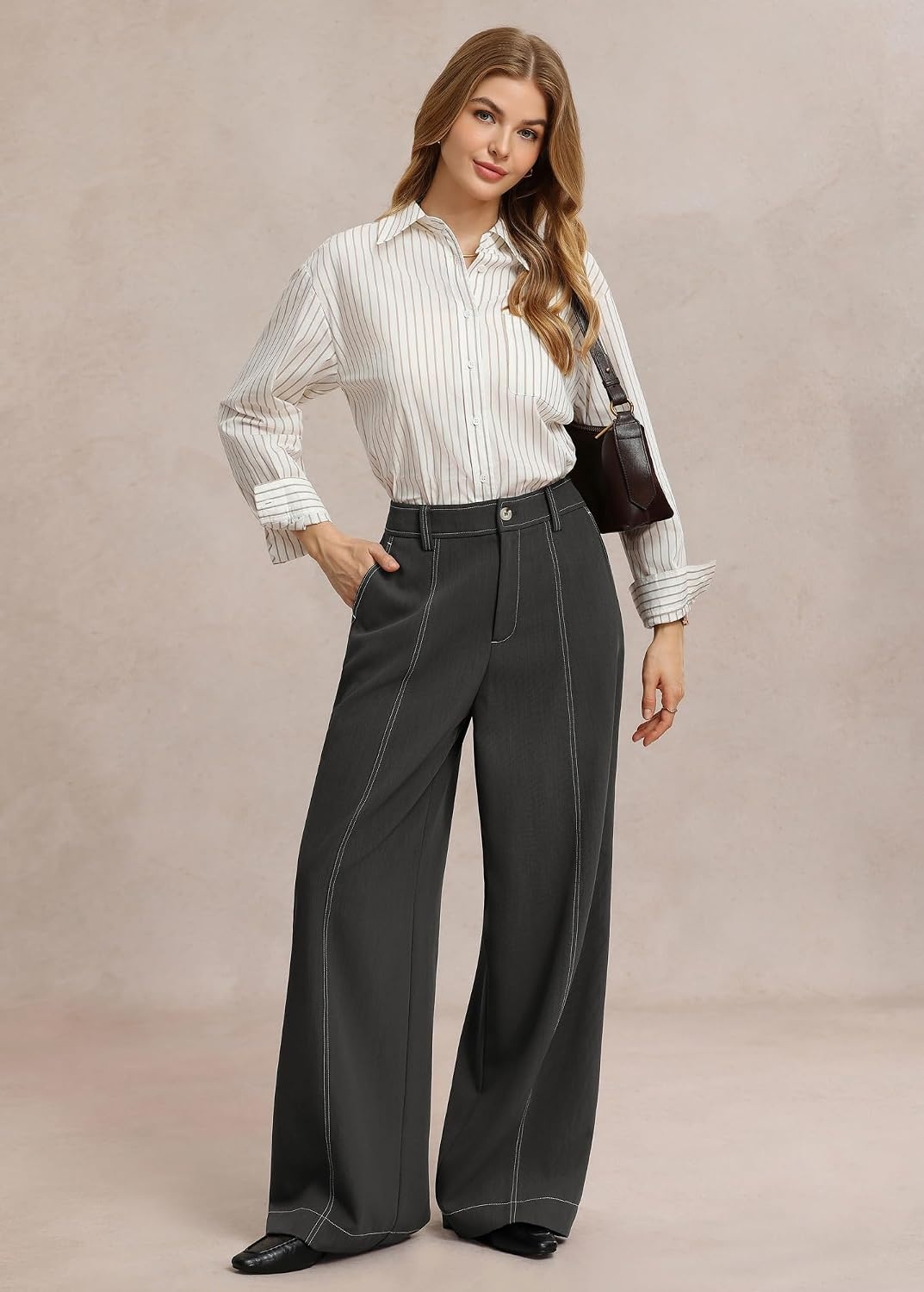 image:imageGRACE KARIN Wide Leg Pants for Women High Waist Dress Trousers Fall Winter Business Office Casual WearDark Grey