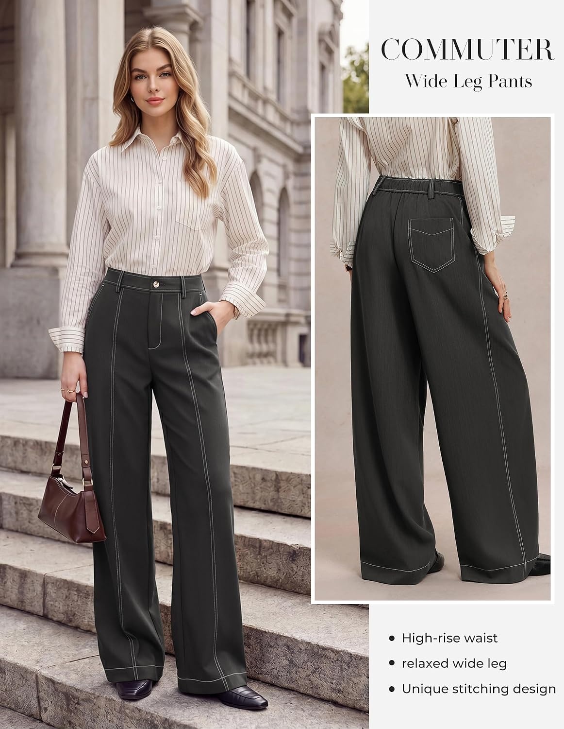 image:imageGRACE KARIN Wide Leg Pants for Women High Waist Dress Trousers Fall Winter Business Office Casual WearDark Grey