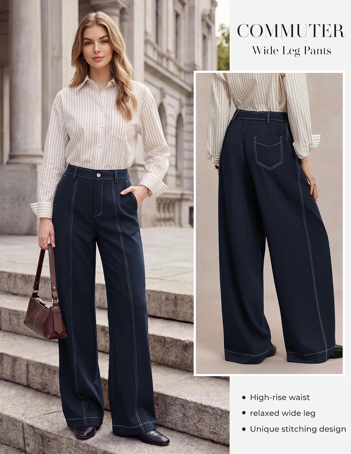 image:imageGRACE KARIN Wide Leg Pants for Women High Waist Dress Trousers Fall Winter Business Office Casual WearNavy Blue