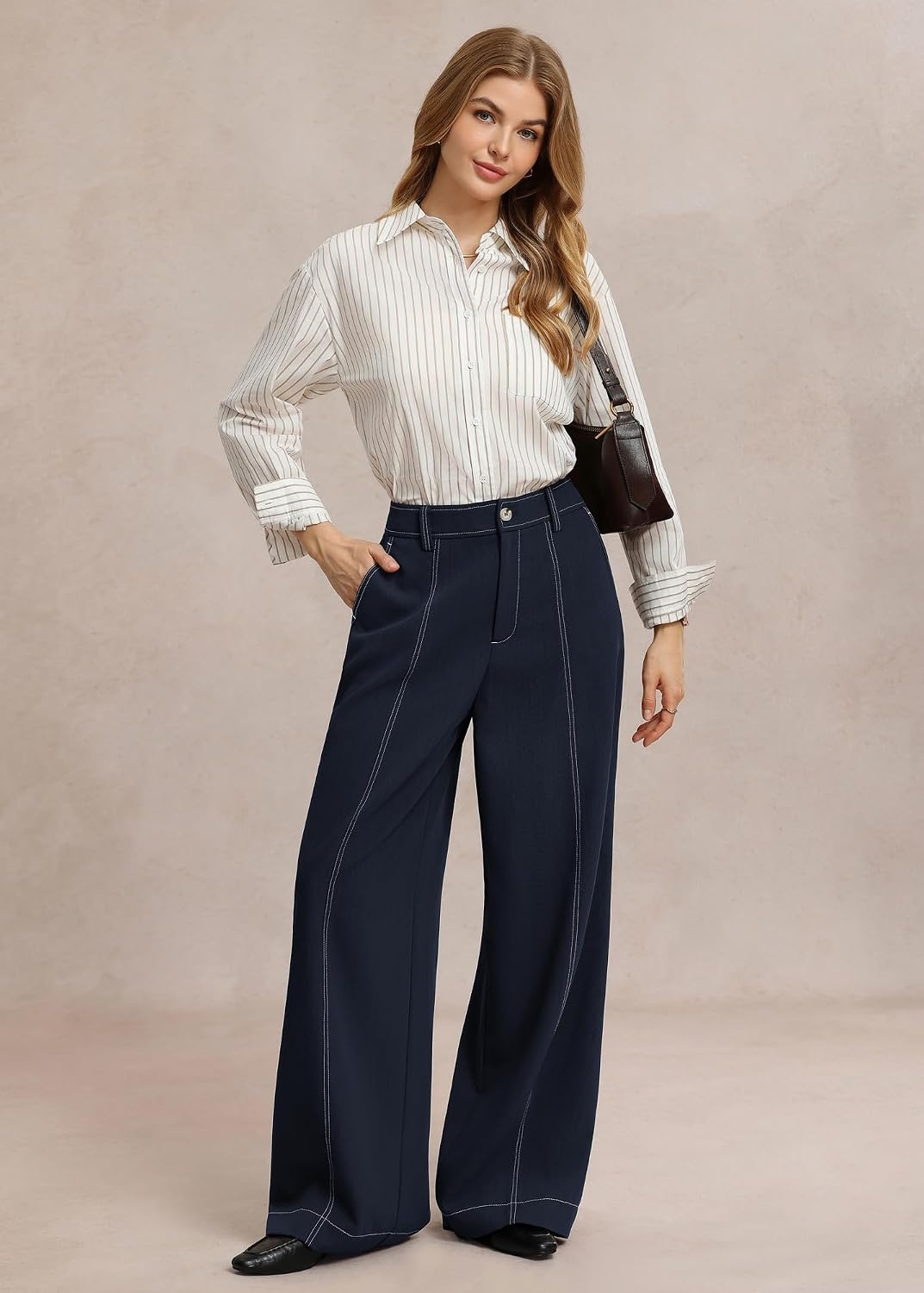 image:imageGRACE KARIN Wide Leg Pants for Women High Waist Dress Trousers Fall Winter Business Office Casual WearNavy Blue