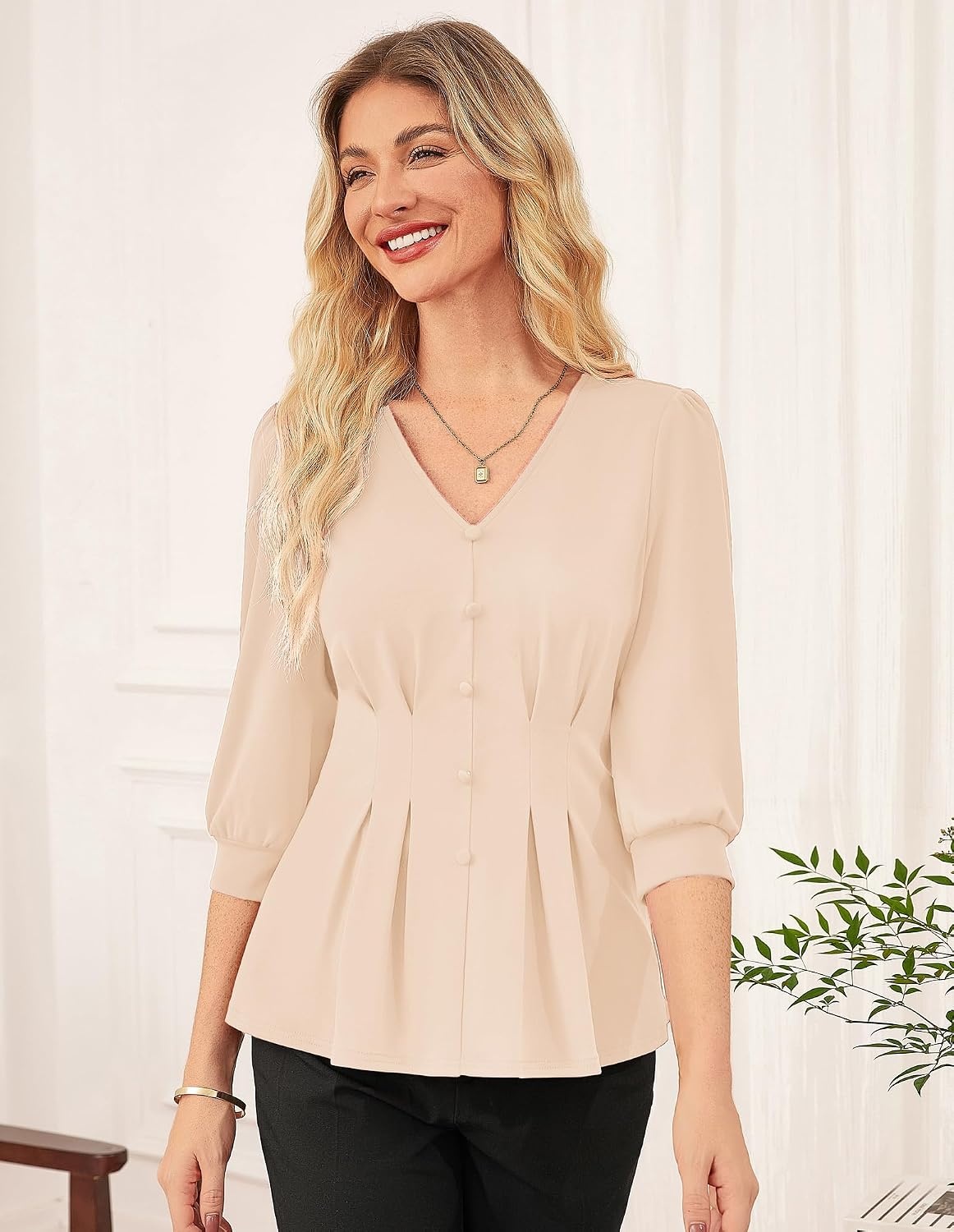 image:imageGRACE KARIN Women Business Casual Tops 2026 Summer Trendy Dressy Blouses 34 Sleeve Peplum Work Shirts V Neck Office OutfitApricot