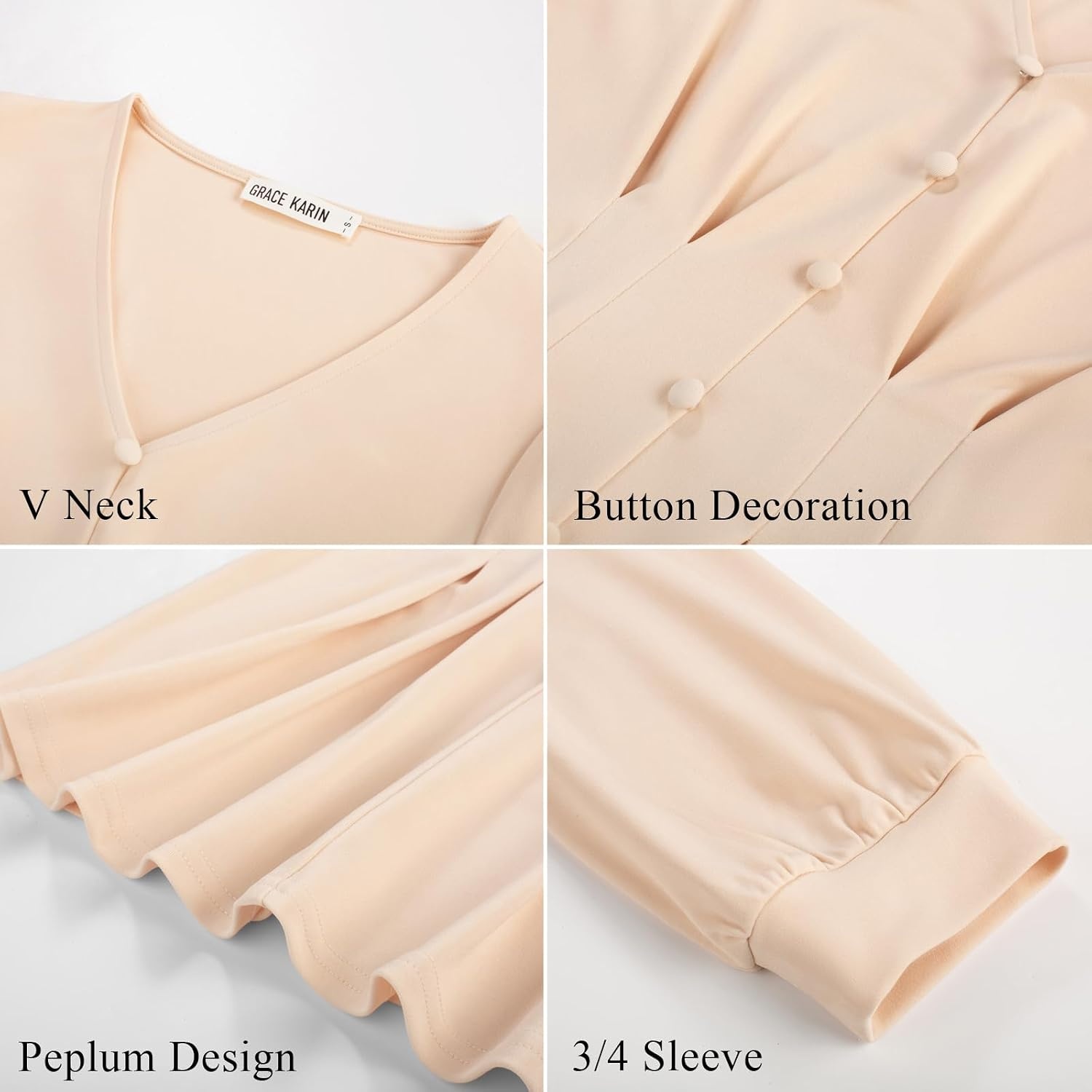 image:imageGRACE KARIN Women Business Casual Tops 2026 Summer Trendy Dressy Blouses 34 Sleeve Peplum Work Shirts V Neck Office OutfitApricot