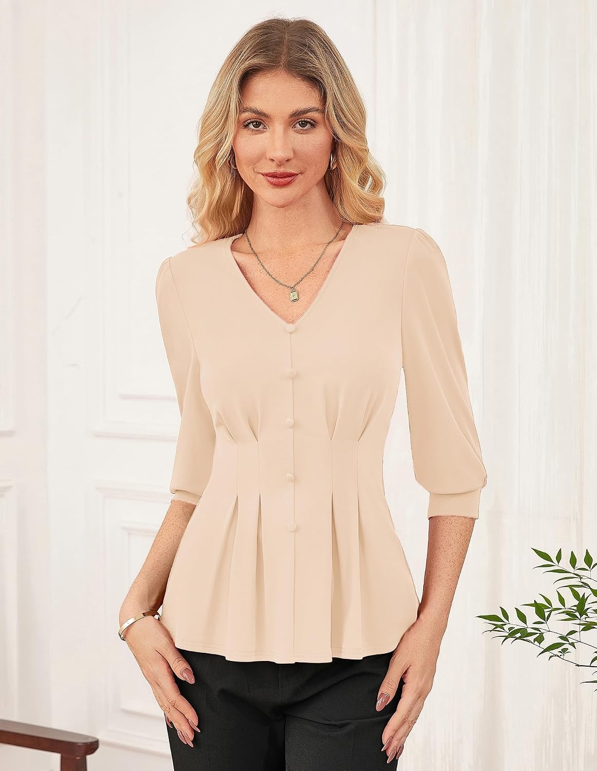 image:imageGRACE KARIN Women Business Casual Tops 2026 Summer Trendy Dressy Blouses 34 Sleeve Peplum Work Shirts V Neck Office OutfitApricot