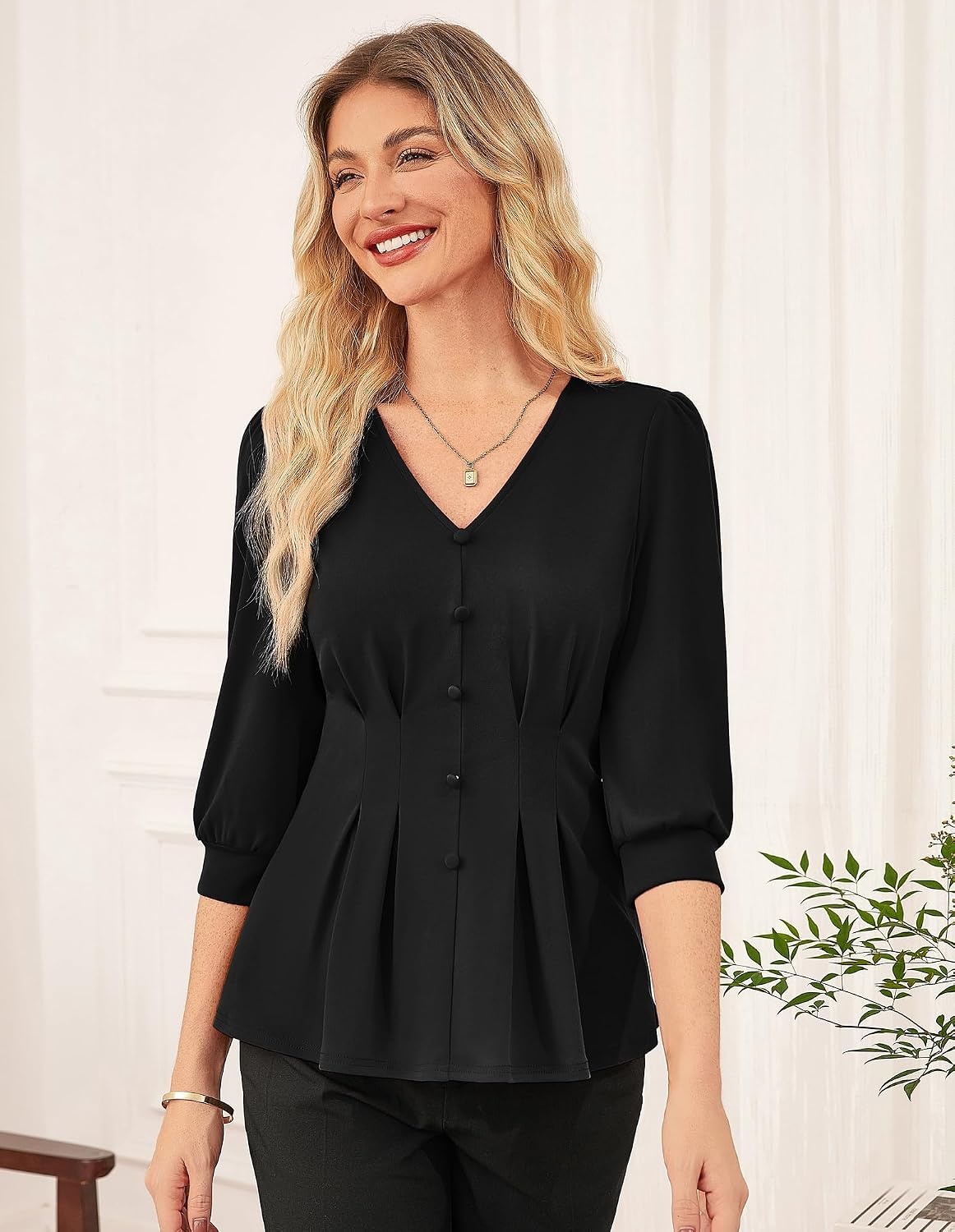 image:imageGRACE KARIN Women Business Casual Tops 2026 Summer Trendy Dressy Blouses 34 Sleeve Peplum Work Shirts V Neck Office OutfitBlack