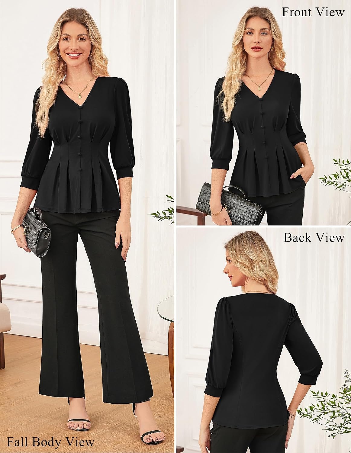 image:imageGRACE KARIN Women Business Casual Tops 2026 Summer Trendy Dressy Blouses 34 Sleeve Peplum Work Shirts V Neck Office OutfitBlack