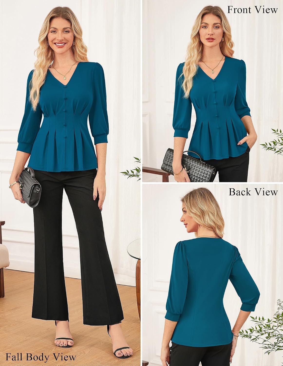 image:imageGRACE KARIN Women Business Casual Tops 2026 Summer Trendy Dressy Blouses 34 Sleeve Peplum Work Shirts V Neck Office OutfitBlue
