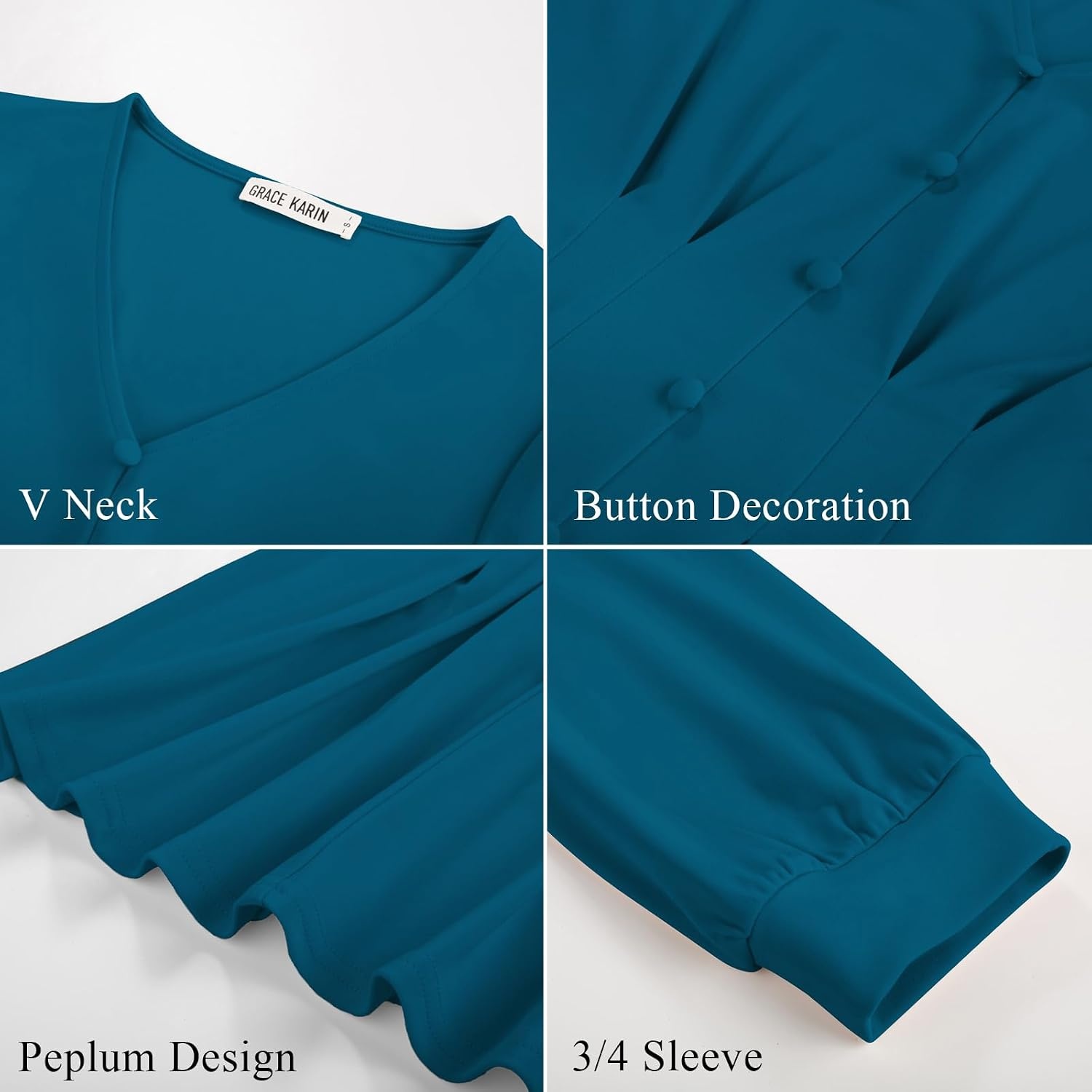 image:imageGRACE KARIN Women Business Casual Tops 2026 Summer Trendy Dressy Blouses 34 Sleeve Peplum Work Shirts V Neck Office OutfitBlue