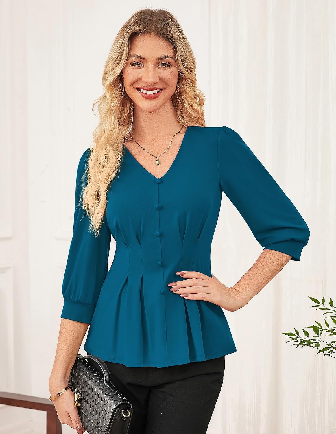 image:imageGRACE KARIN Women Business Casual Tops 2026 Summer Trendy Dressy Blouses 34 Sleeve Peplum Work Shirts V Neck Office OutfitBlue
