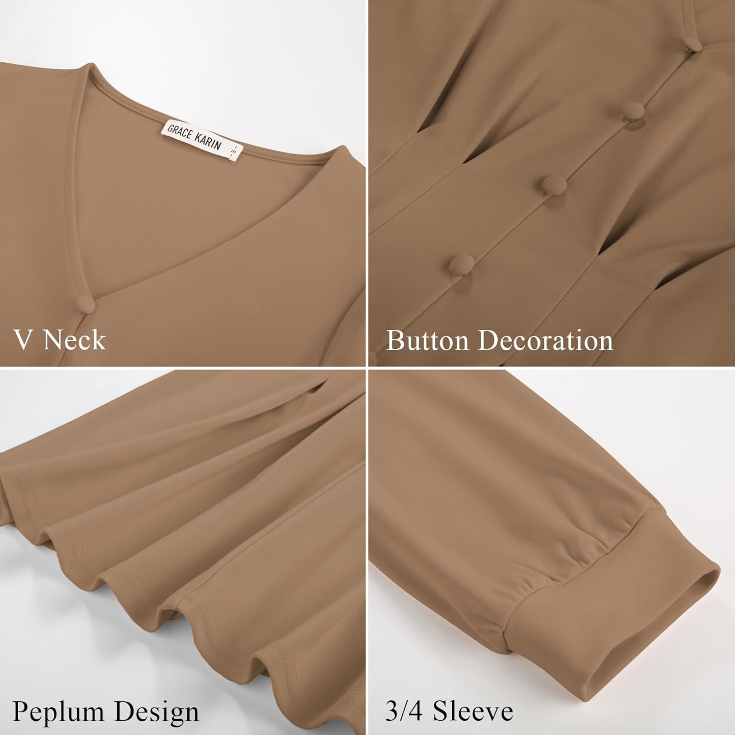 image:imageGRACE KARIN Women Business Casual Tops 2026 Summer Trendy Dressy Blouses 34 Sleeve Peplum Work Shirts V Neck Office OutfitBrown