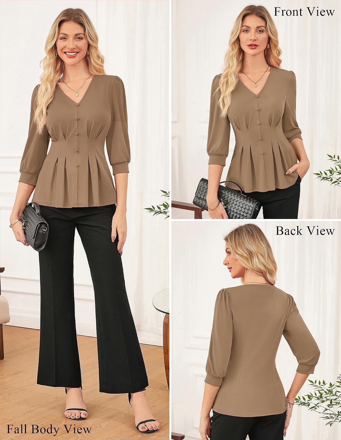 image:imageGRACE KARIN Women Business Casual Tops 2026 Summer Trendy Dressy Blouses 34 Sleeve Peplum Work Shirts V Neck Office OutfitBrown