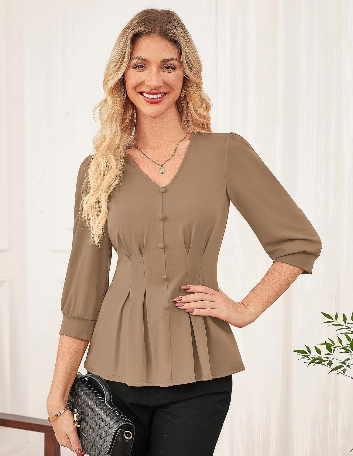 image:imageGRACE KARIN Women Business Casual Tops 2026 Summer Trendy Dressy Blouses 34 Sleeve Peplum Work Shirts V Neck Office OutfitBrown