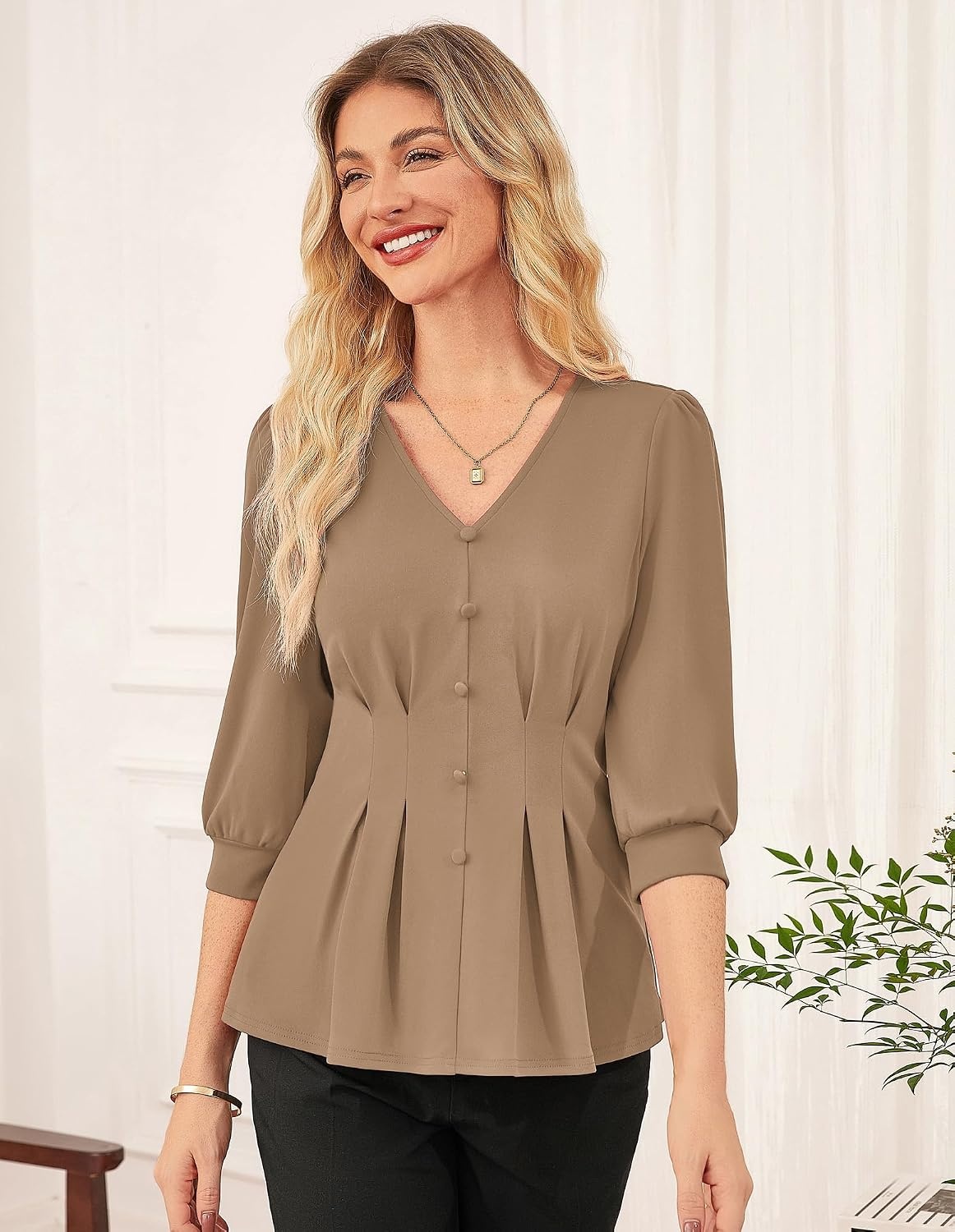 image:imageGRACE KARIN Women Business Casual Tops 2026 Summer Trendy Dressy Blouses 34 Sleeve Peplum Work Shirts V Neck Office OutfitBrown
