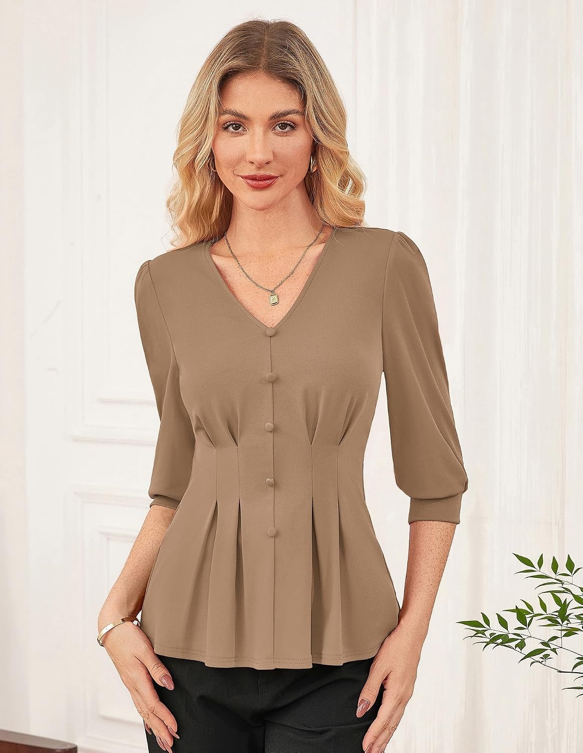 image:imageGRACE KARIN Women Business Casual Tops 2026 Summer Trendy Dressy Blouses 34 Sleeve Peplum Work Shirts V Neck Office OutfitBrown