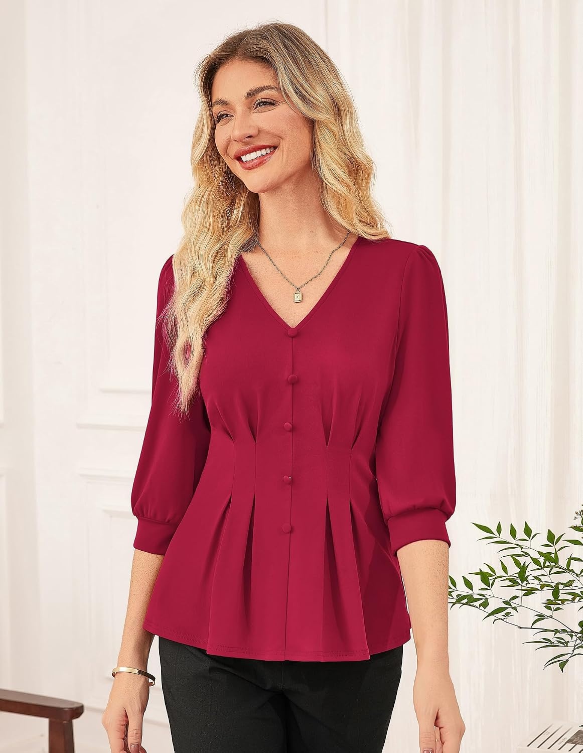 image:imageGRACE KARIN Women Business Casual Tops 2026 Summer Trendy Dressy Blouses 34 Sleeve Peplum Work Shirts V Neck Office OutfitBurgundy