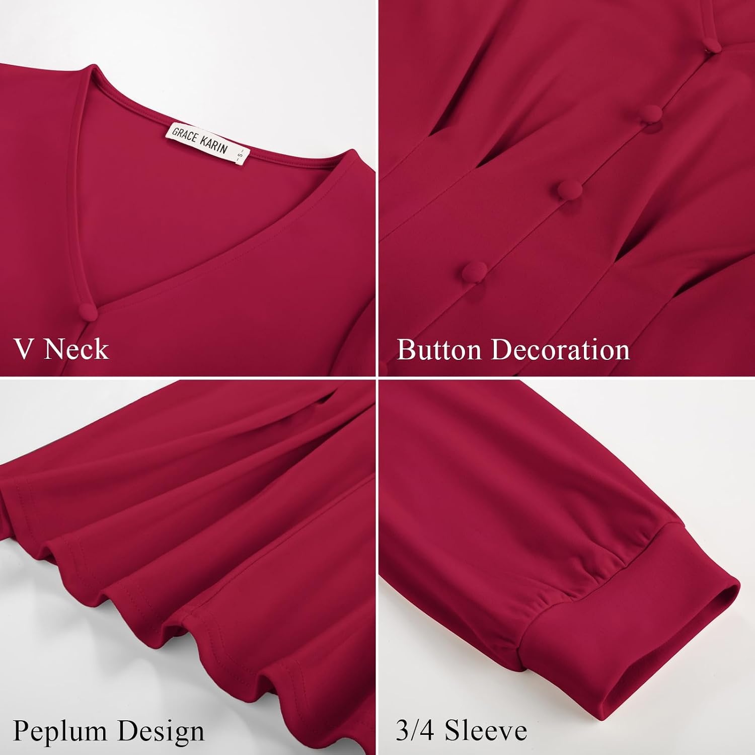 image:imageGRACE KARIN Women Business Casual Tops 2026 Summer Trendy Dressy Blouses 34 Sleeve Peplum Work Shirts V Neck Office OutfitBurgundy