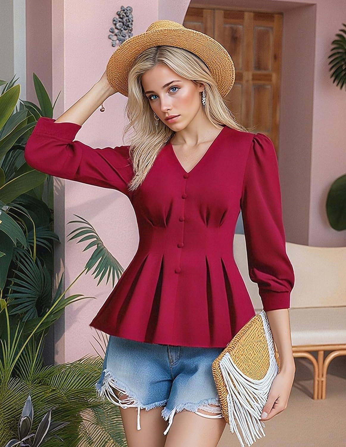 image:imageGRACE KARIN Women Business Casual Tops 2026 Summer Trendy Dressy Blouses 34 Sleeve Peplum Work Shirts V Neck Office OutfitBurgundy