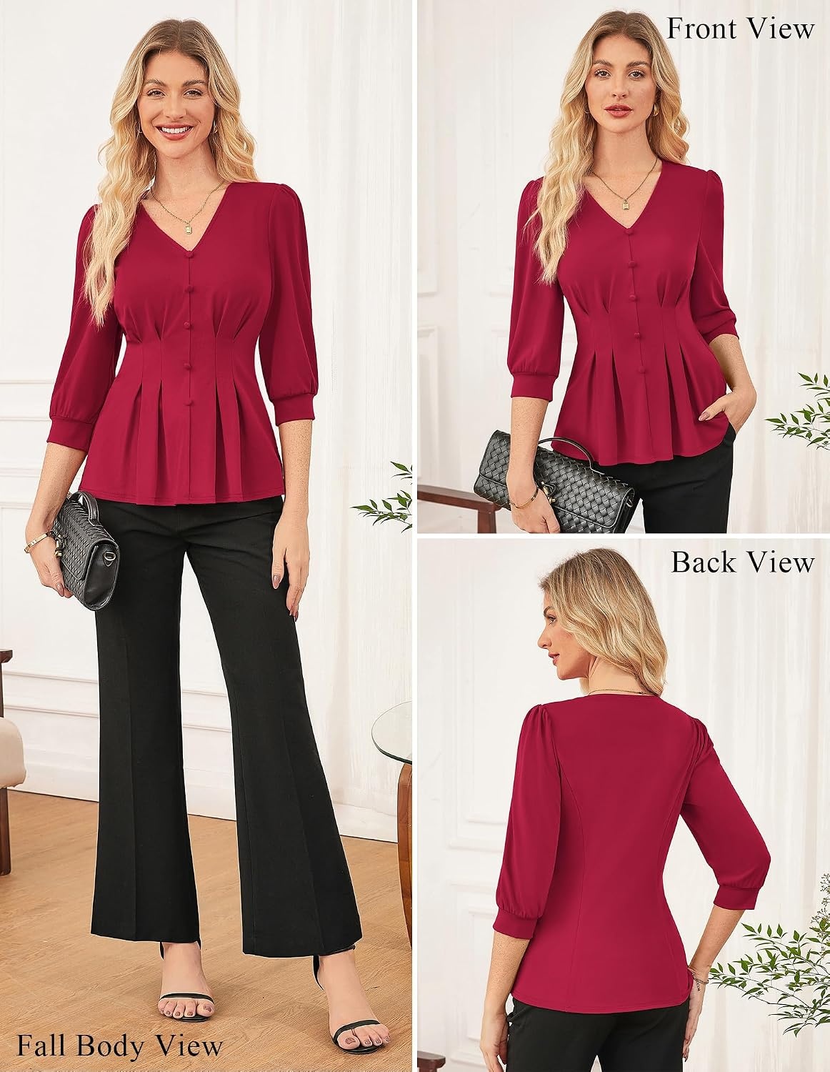 image:imageGRACE KARIN Women Business Casual Tops 2026 Summer Trendy Dressy Blouses 34 Sleeve Peplum Work Shirts V Neck Office OutfitBurgundy