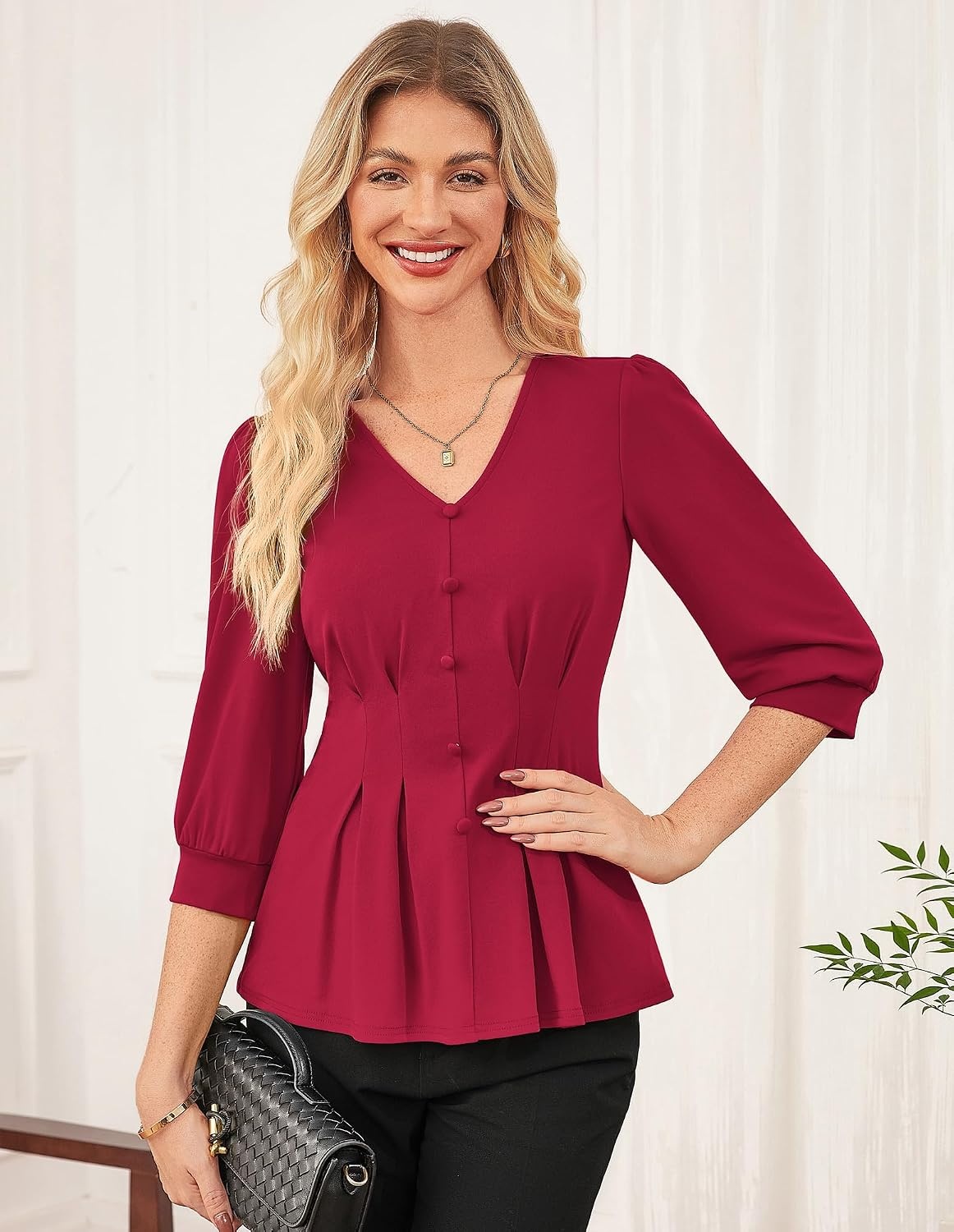 image:imageGRACE KARIN Women Business Casual Tops 2026 Summer Trendy Dressy Blouses 34 Sleeve Peplum Work Shirts V Neck Office OutfitBurgundy