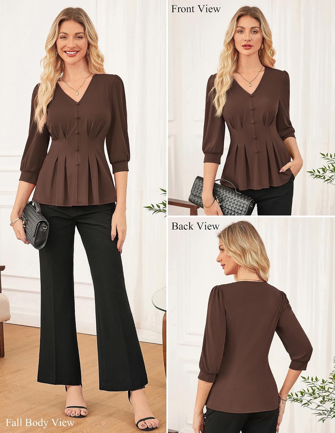 image:imageGRACE KARIN Women Business Casual Tops 2026 Summer Trendy Dressy Blouses 34 Sleeve Peplum Work Shirts V Neck Office OutfitChocolate