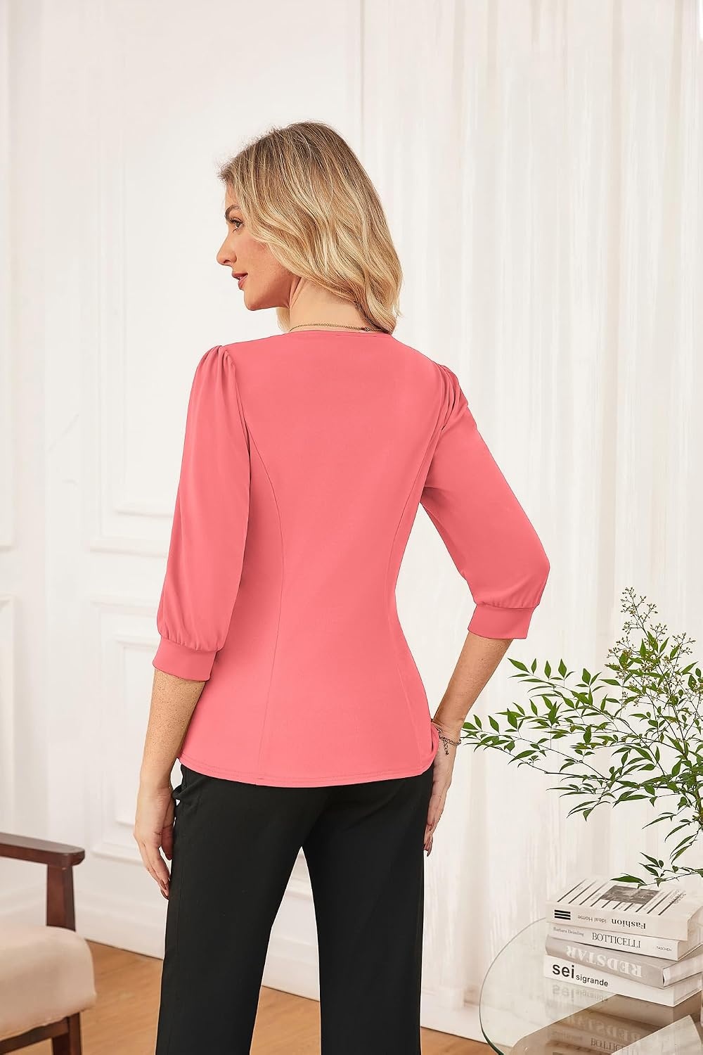 image:imageGRACE KARIN Women Business Casual Tops 2026 Summer Trendy Dressy Blouses 34 Sleeve Peplum Work Shirts V Neck Office OutfitCoral