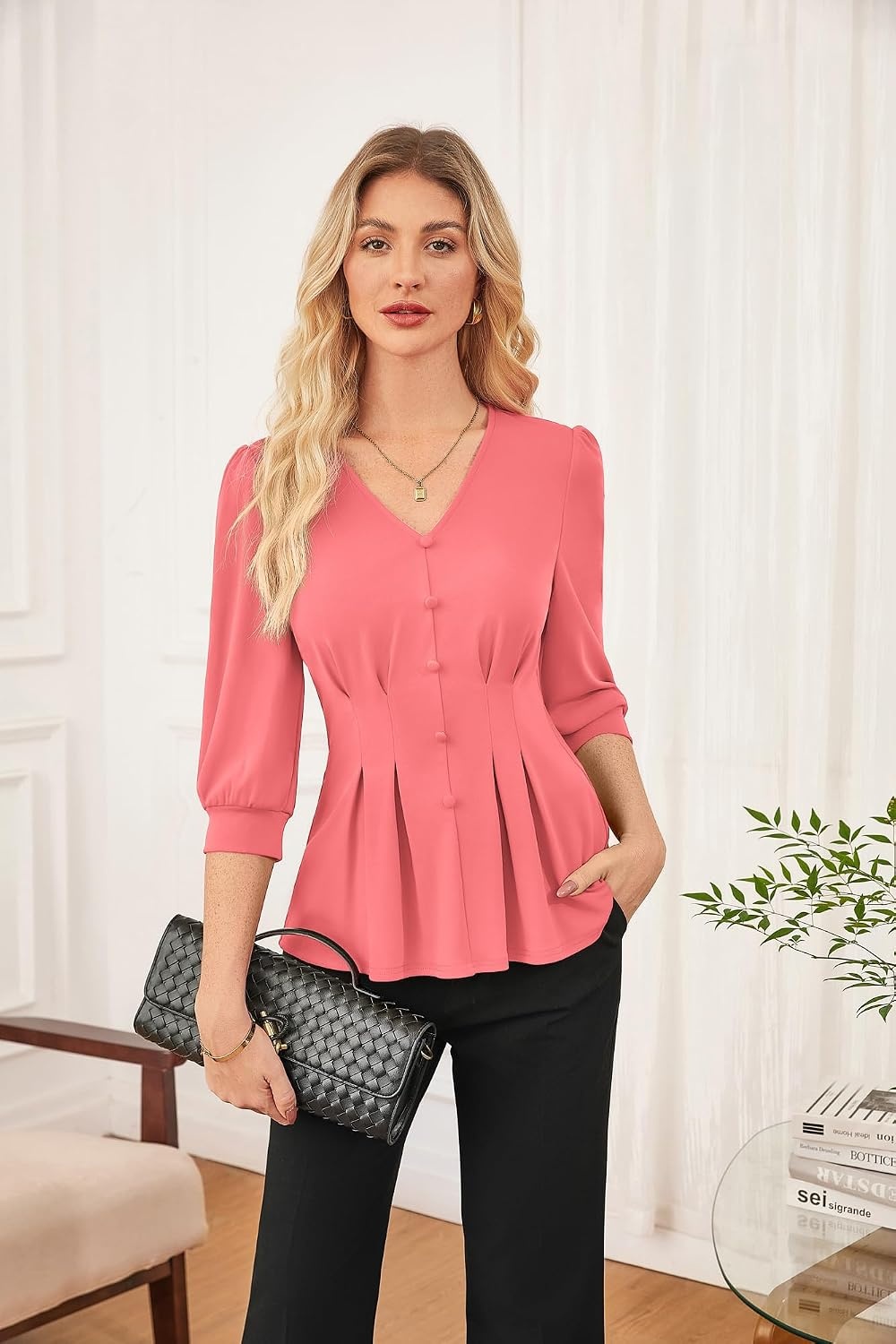 image:imageGRACE KARIN Women Business Casual Tops 2026 Summer Trendy Dressy Blouses 34 Sleeve Peplum Work Shirts V Neck Office OutfitCoral