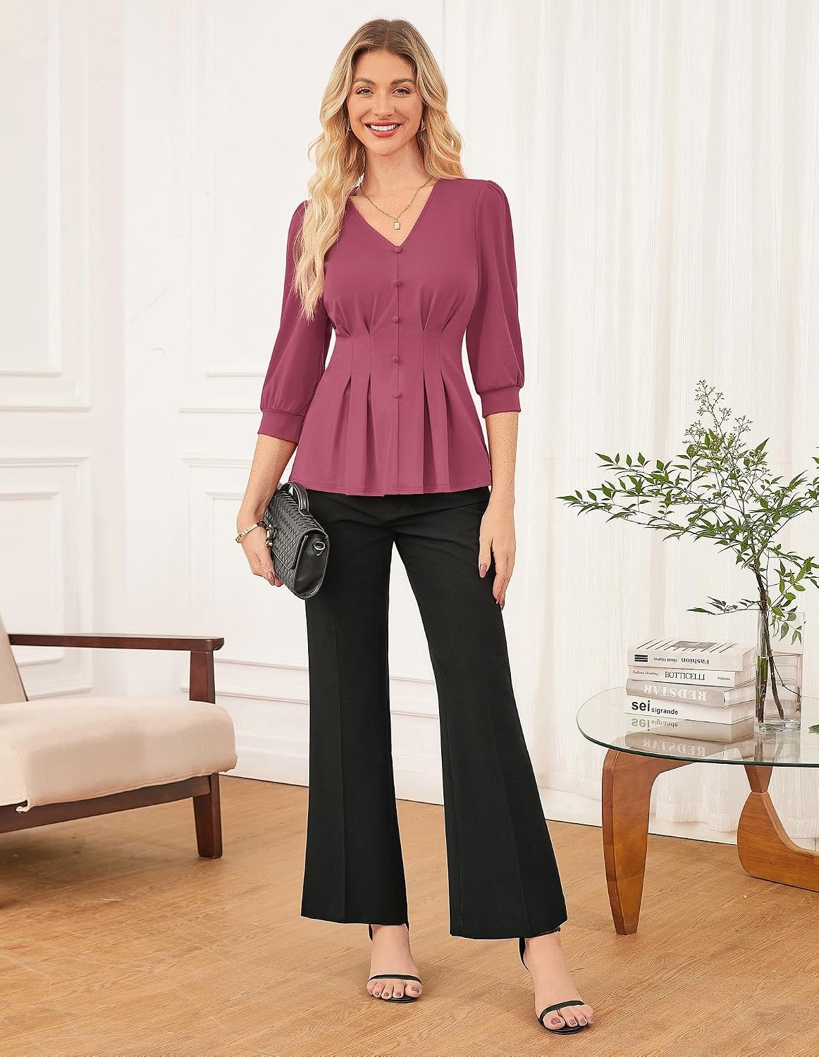 image:imageGRACE KARIN Women Business Casual Tops 2026 Summer Trendy Dressy Blouses 34 Sleeve Peplum Work Shirts V Neck Office OutfitFuchsia